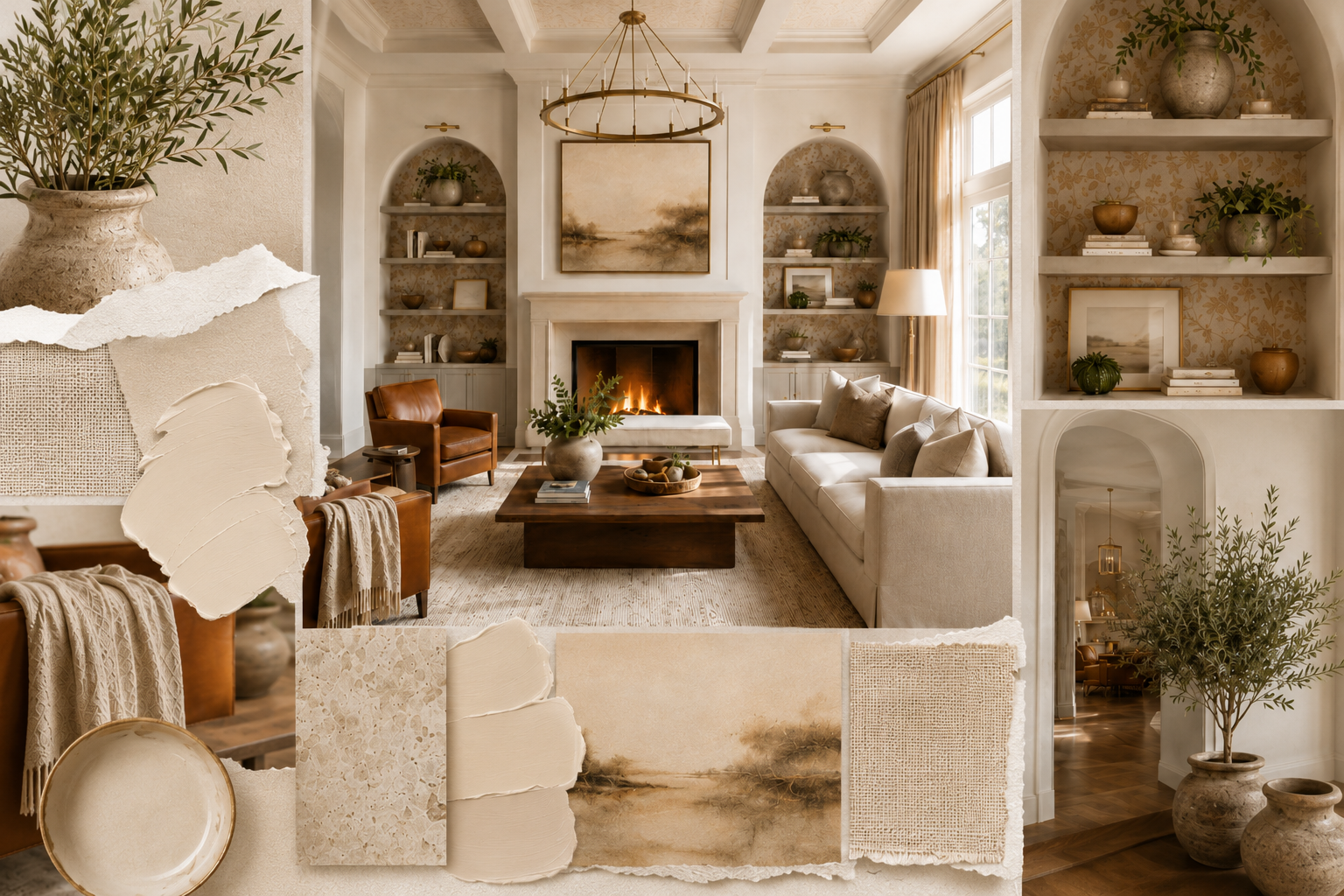 Warm neutrals moodboard with cream living room, linen swatches, and layered natural textures