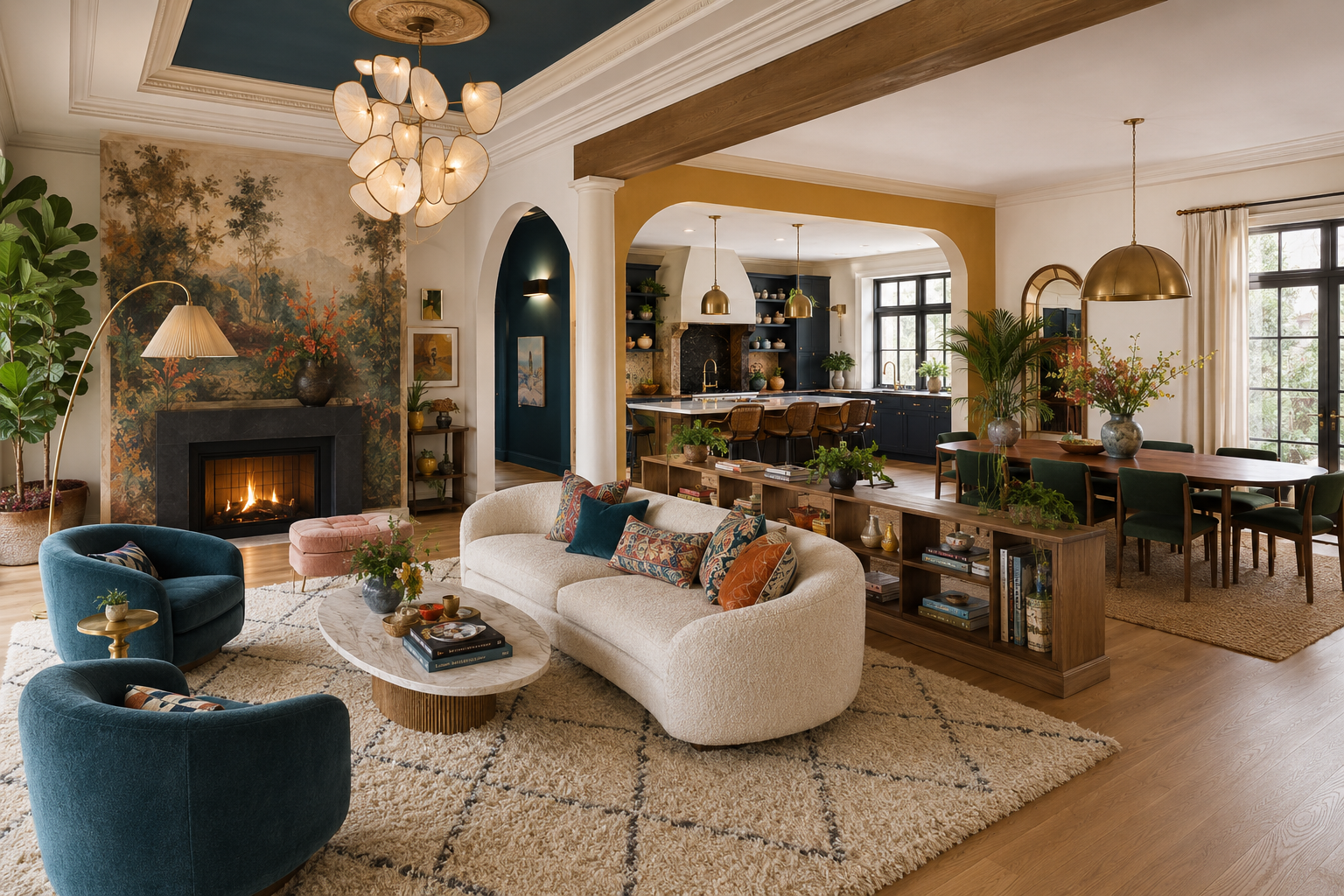 Large area rug anchoring a floating sofa arrangement in an open plan living zone