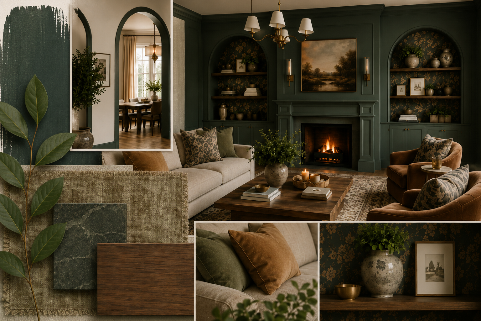 Earthy green moodboard with forest green walls, natural material swatches, warm wood, and stone textures