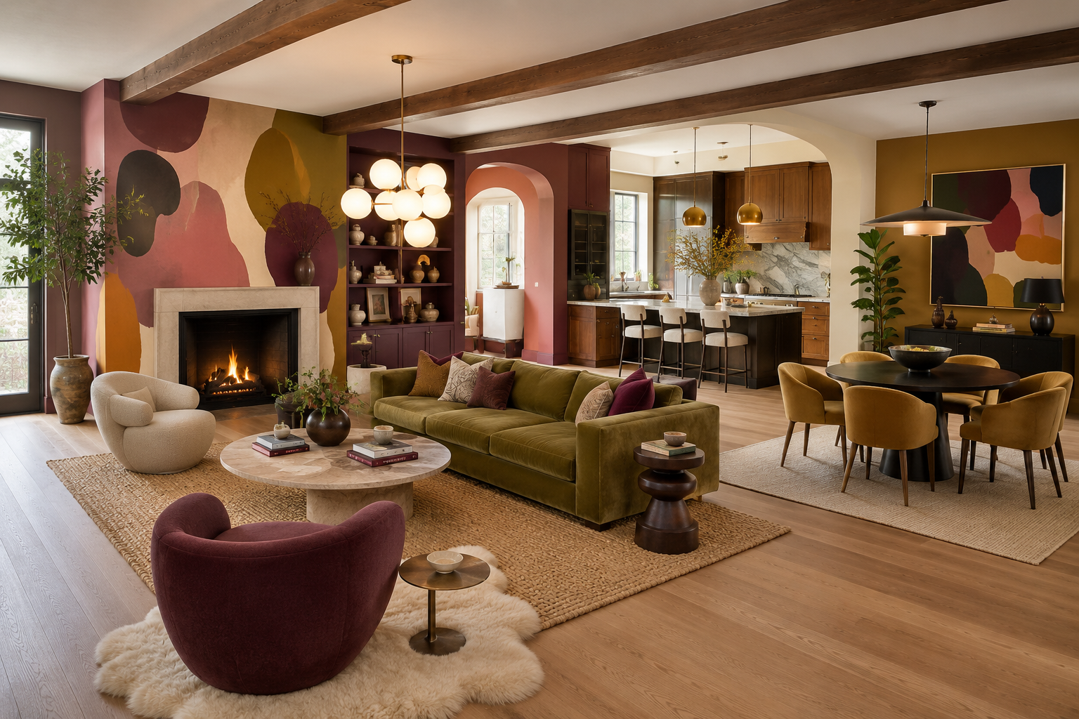 Open floor plan showing living and dining zones anchored by distinct area rugs