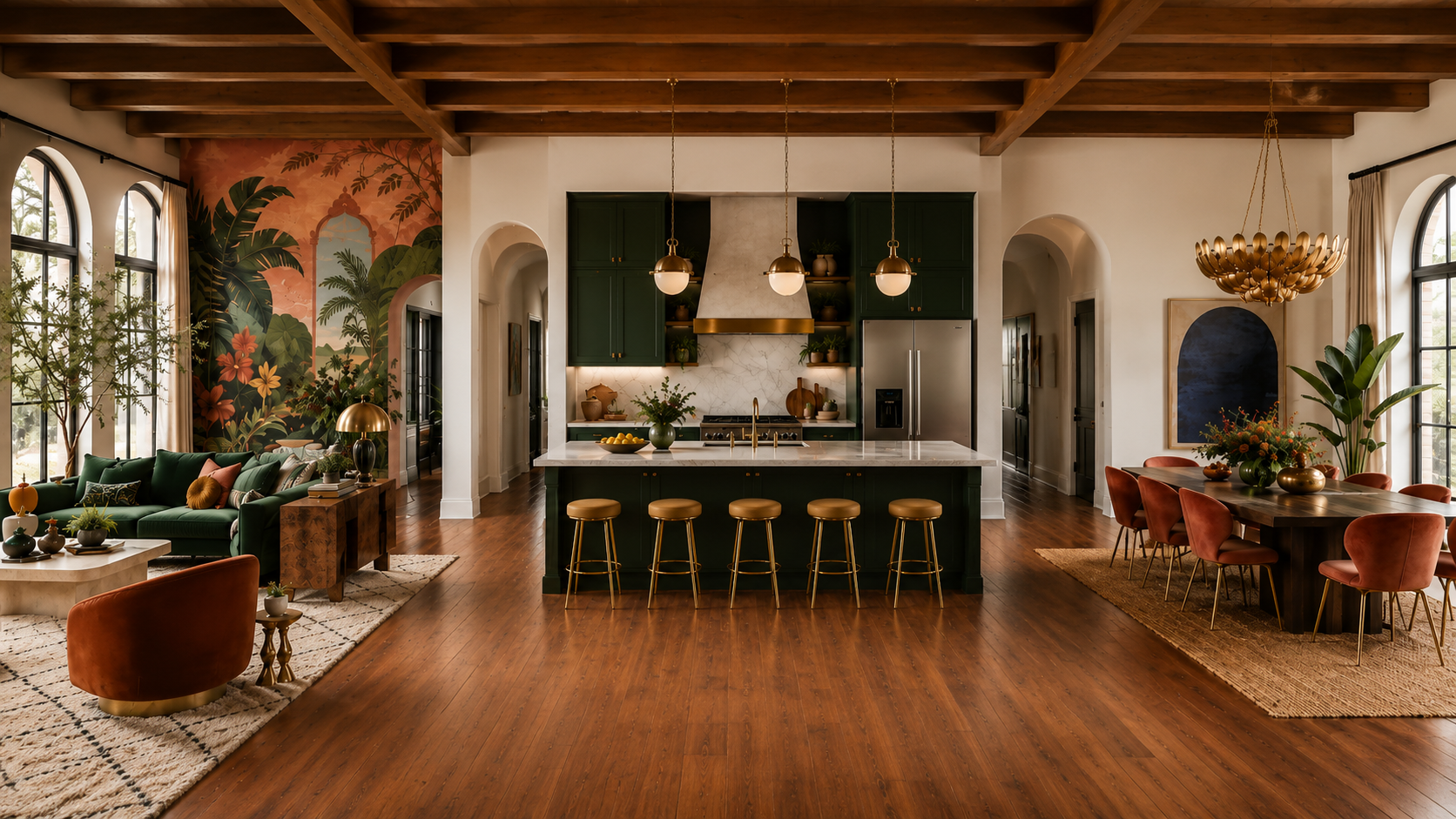 Open floor plan with distinct living, kitchen, and dining zones