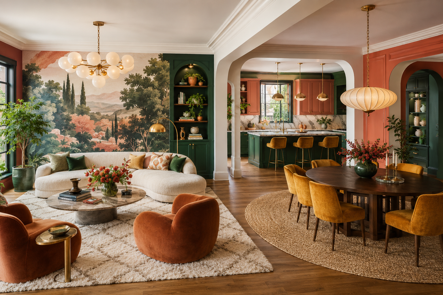 Open plan living and dining zones with rugs creating visual boundaries between each area