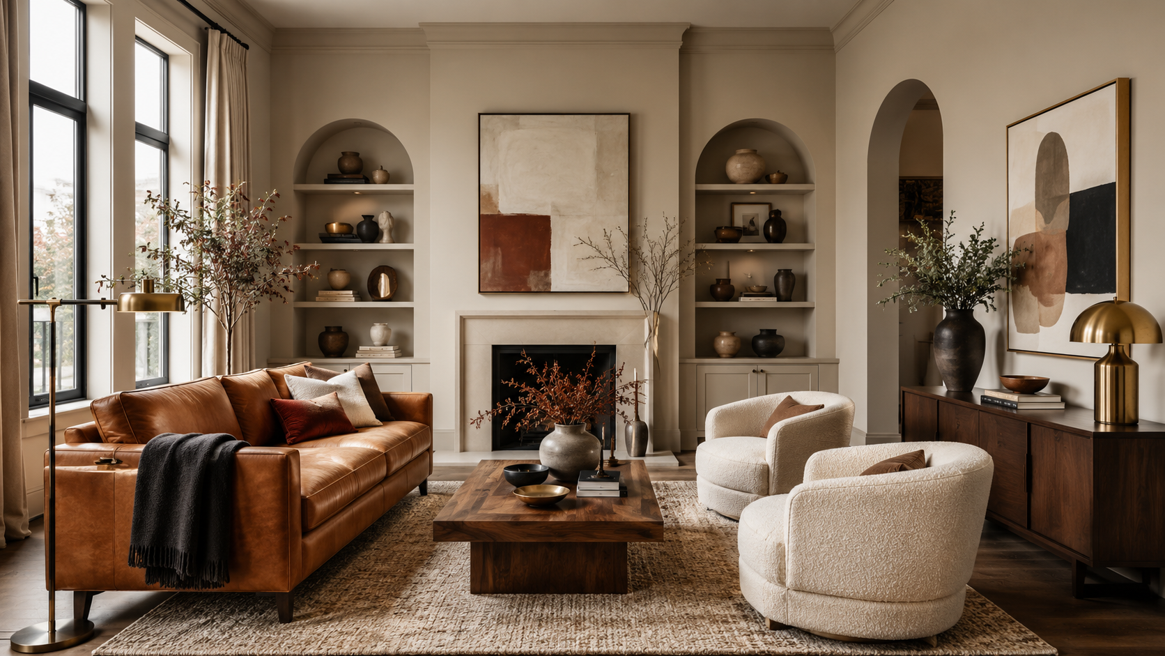 Living room with warm caramel leather sofa, cream bouclé armchairs, and neutral walls showing how to coordinate paint with existing furniture undertones