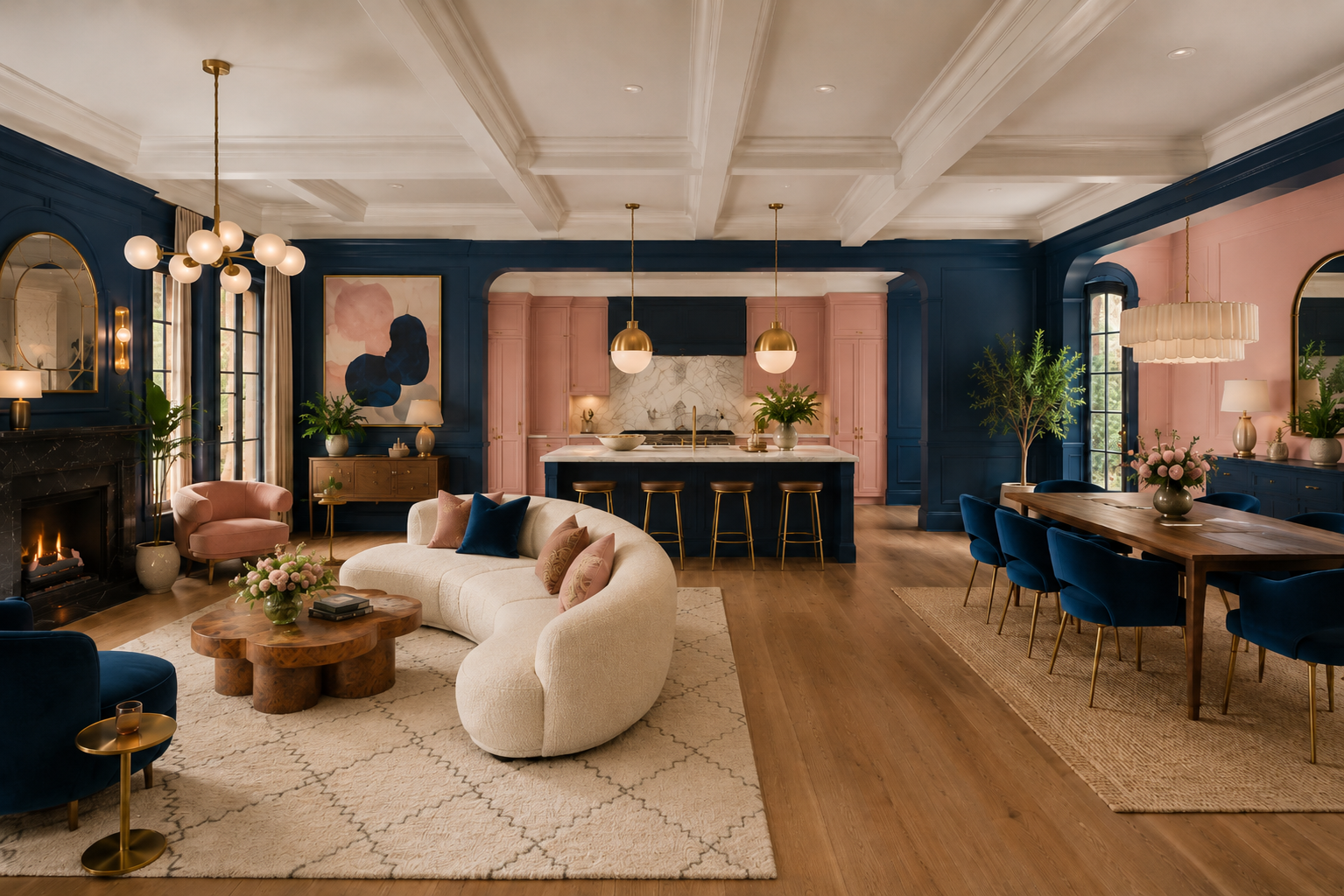 Open floor plan with pendant chandelier defining the dining zone and ambient floor lamp in the living zone