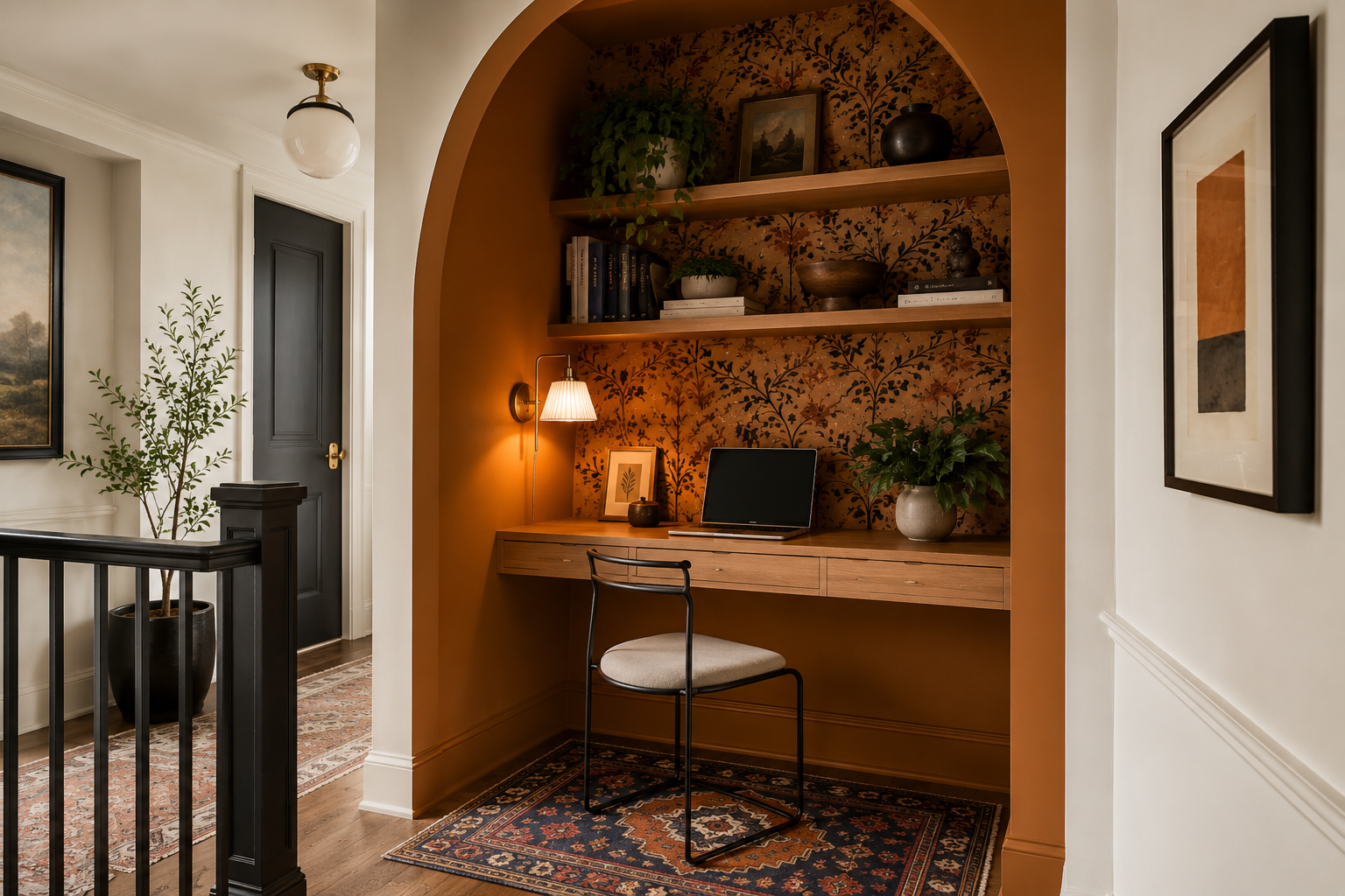 A hallway landing nook with an arched opening, warm amber interior, wall sconce, floating desk, and a backless chair on a patterned rug
