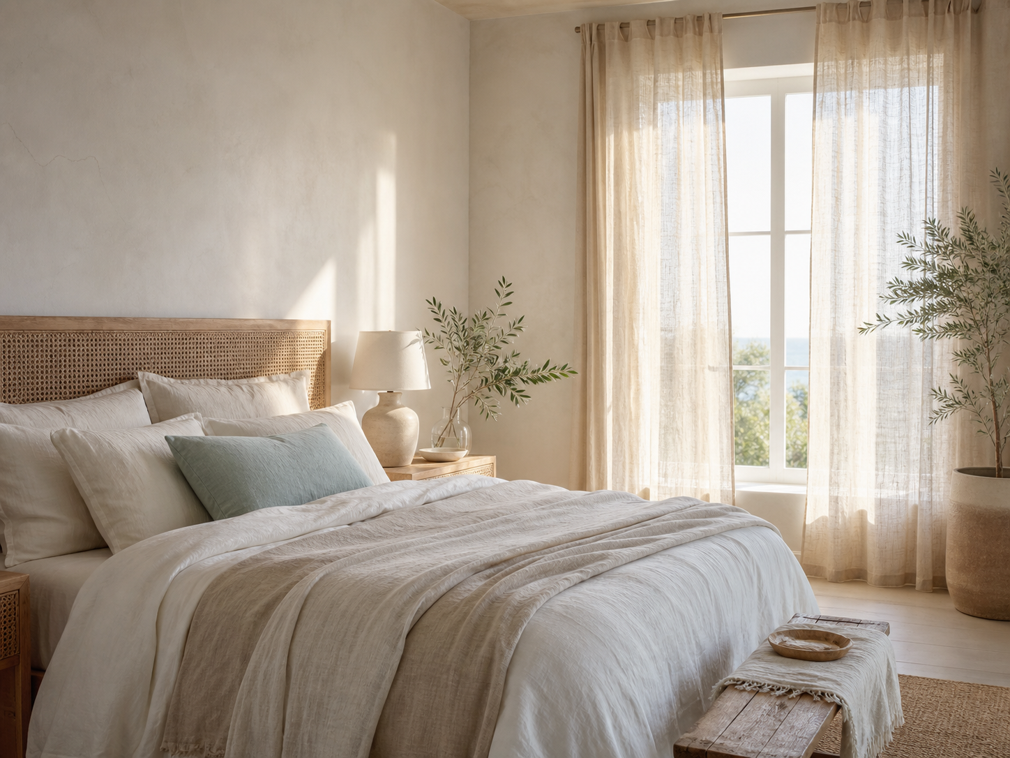 Layered coastal bedroom with linen bedding and natural textures