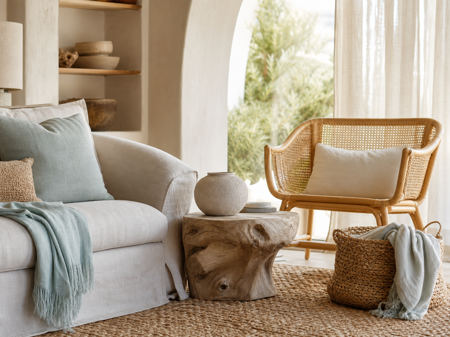 Coastal living room with natural textures and rattan accents