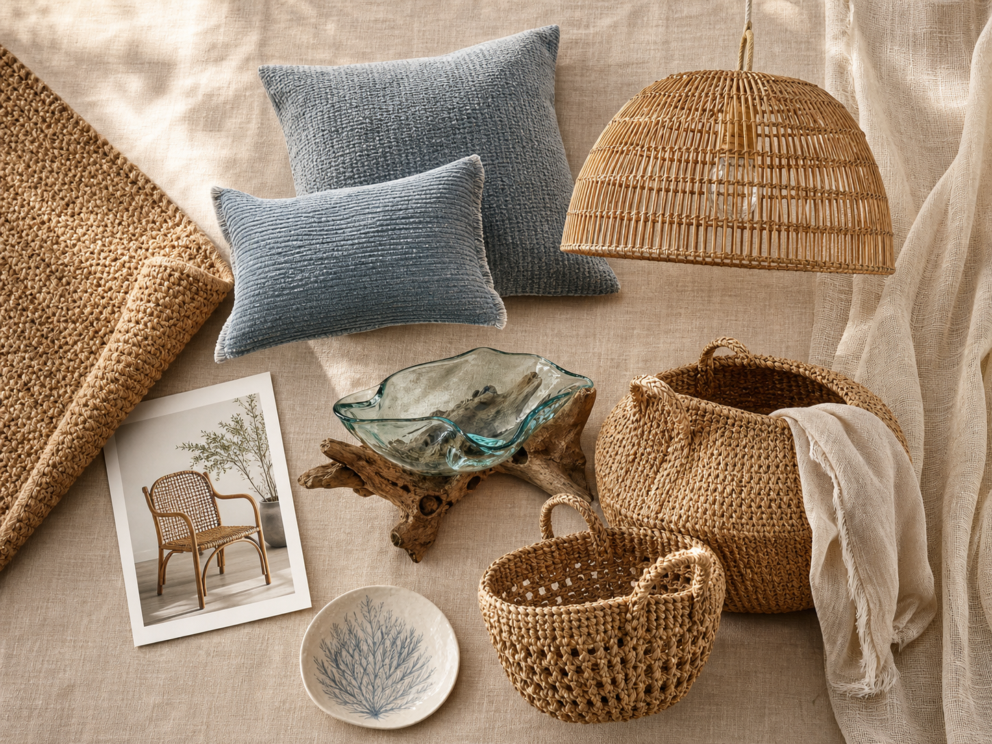 Coastal decor product picks — rugs, pillows, seating, and accent pieces