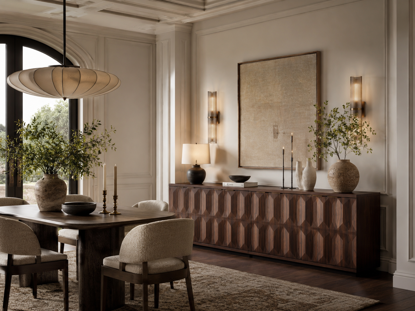 Dining buffet detail with trailing greenery, linen texture, and warm ambient light