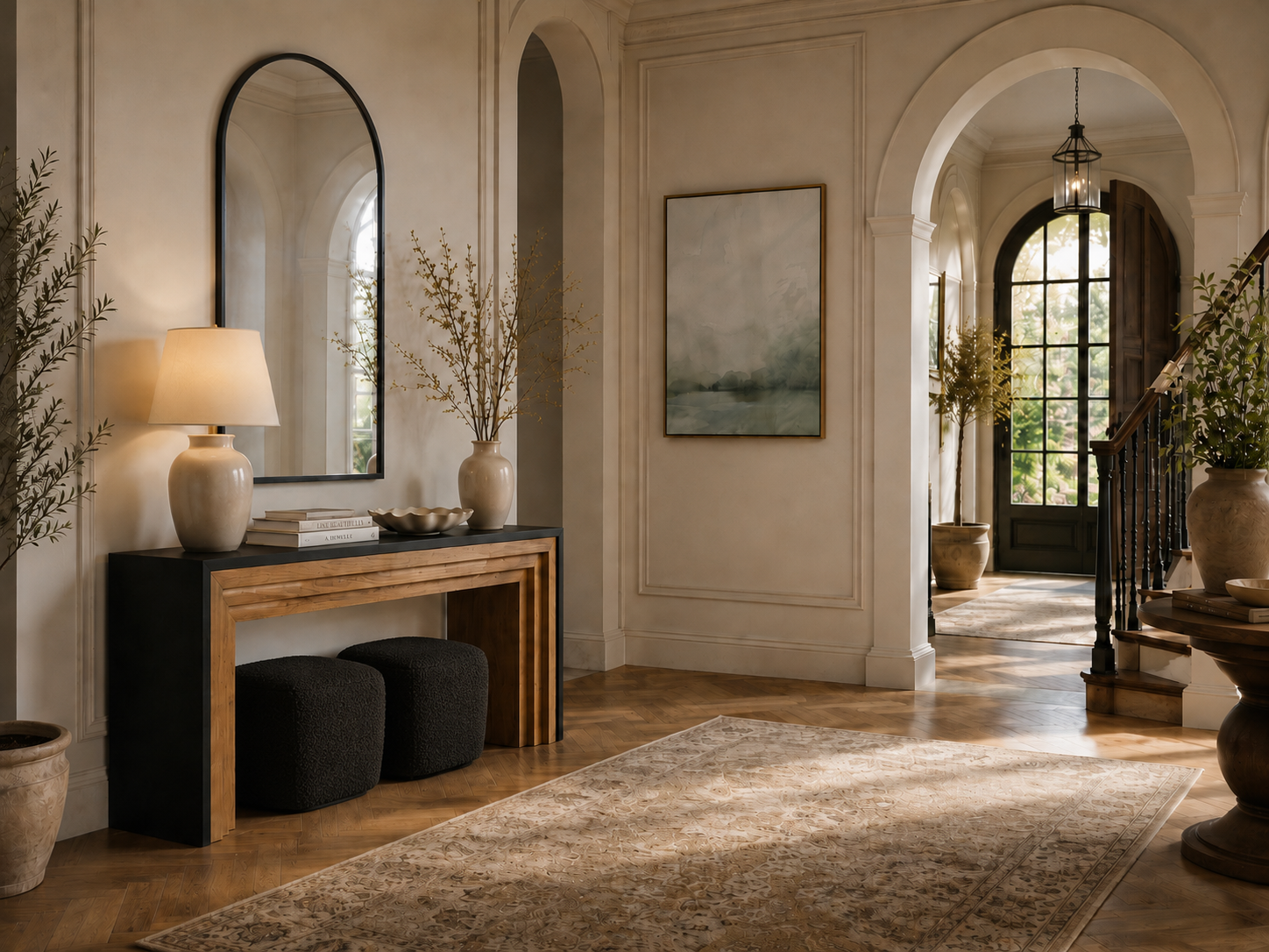 Sculptural entryway console with arched mirror, warm lamp, and cascading olive branch against paneled wall