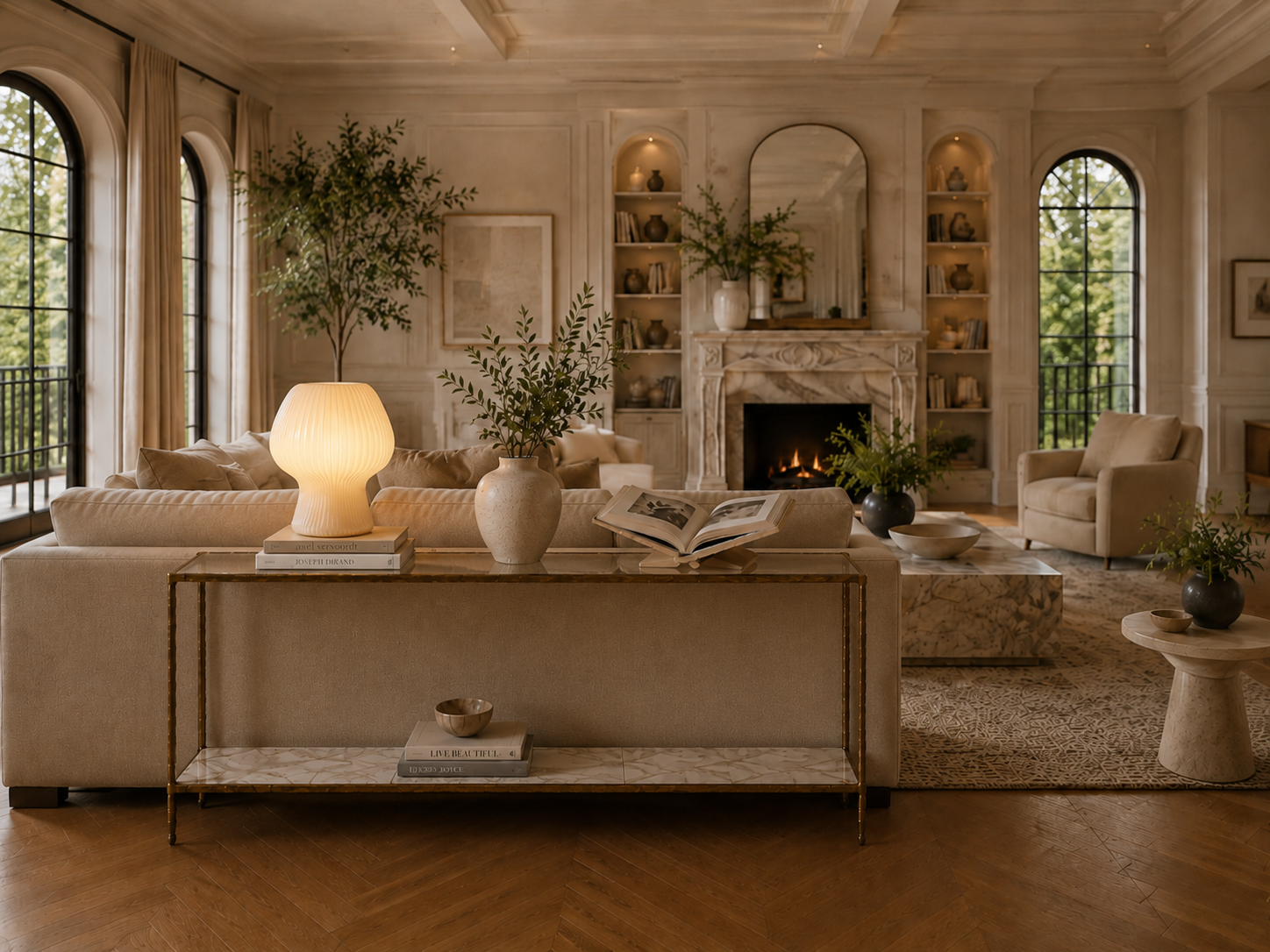 Living room console styled with tall ceramic vases and aged brass candleholders against a moody paneled wall