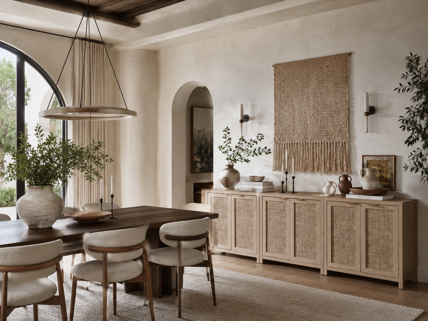 Rule of three styling example — sculptural objects grouped by height and texture on a console surface