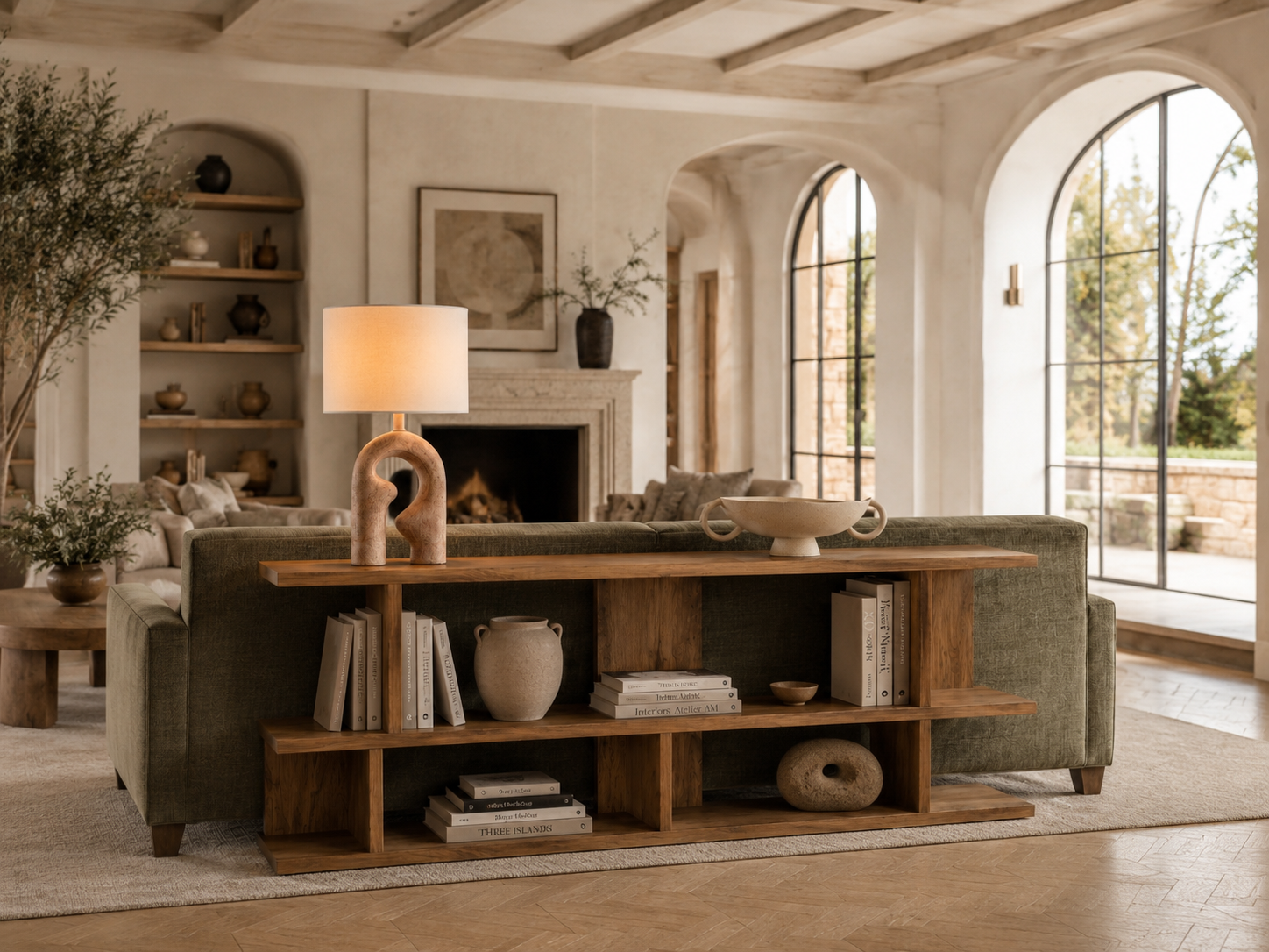 Behind-sofa console vignette close-up — layered objects at varying heights with warm natural lighting