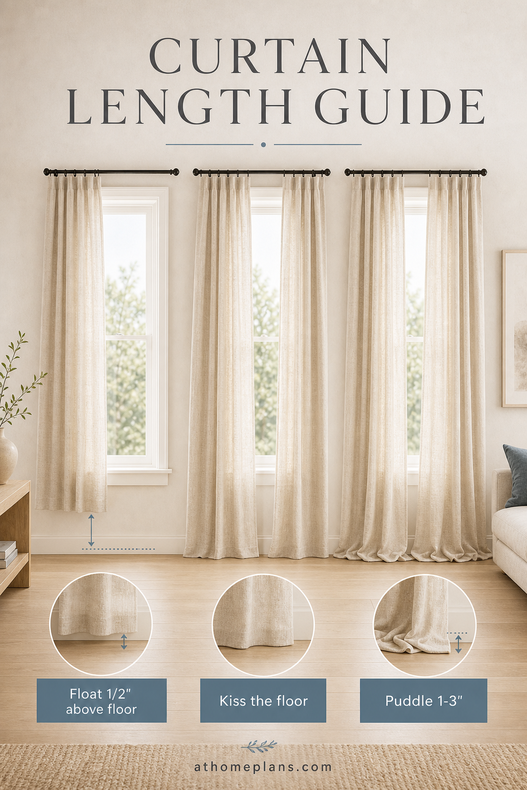 Curtain length guide infographic: float panels ½ inch above the floor for a modern look, let them kiss the floor for a timeless look, or puddle 1–3 inches for a romantic effect