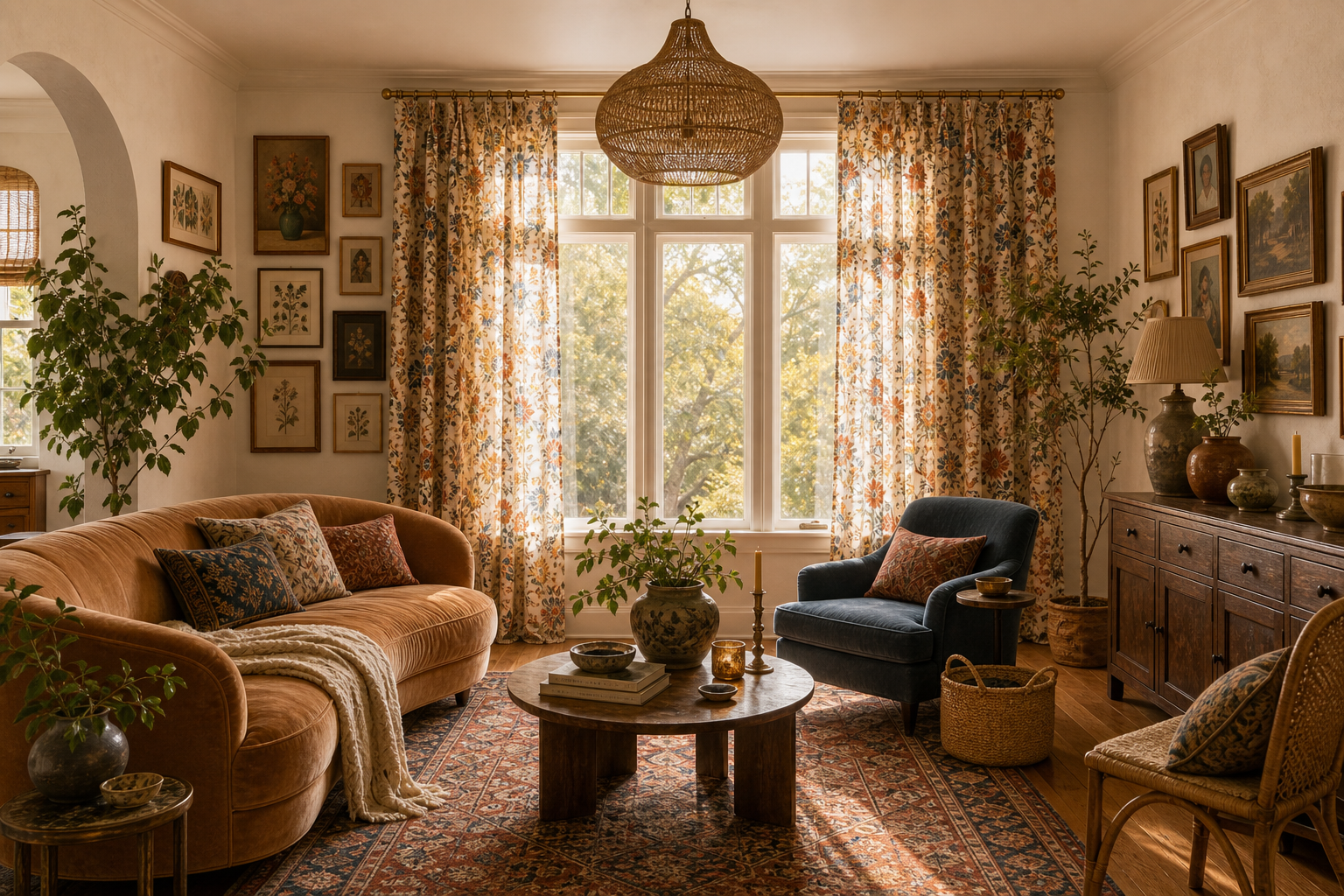 A warm boho living room with high-hung floral printed panels, rattan pendant lighting, and a gallery wall — statement curtains as the anchor of a layered room