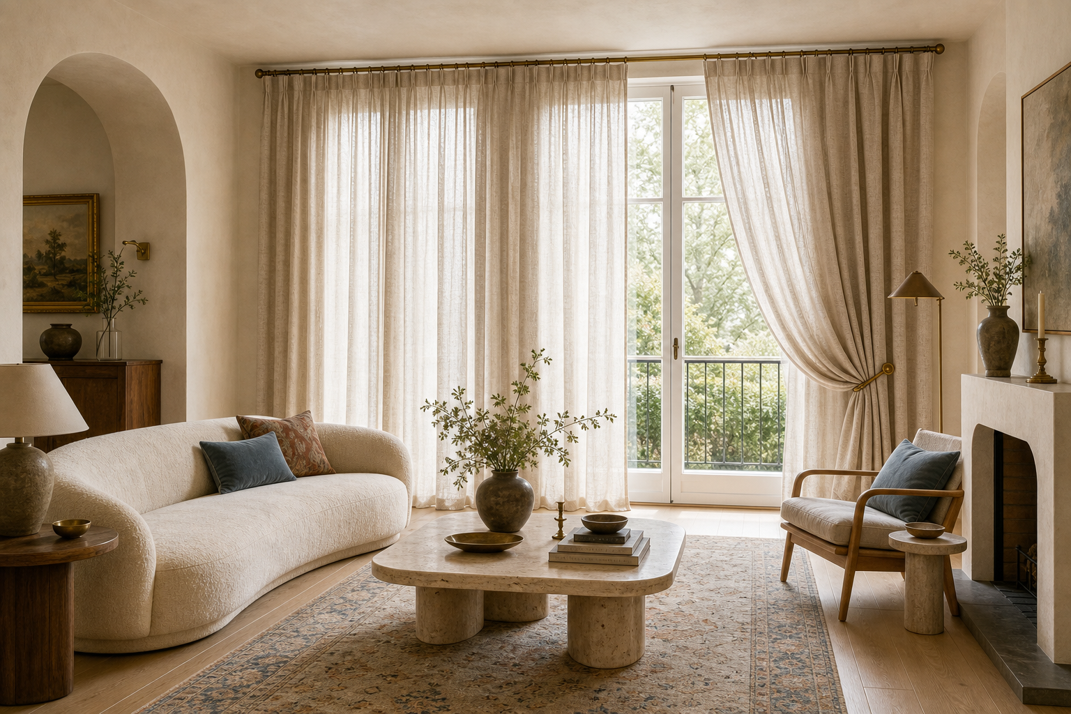 An organic modern living room with floor-to-ceiling washed linen curtains, pale oak furniture, and warm plaster walls — the full-length floor-to-ceiling treatment with natural warmth