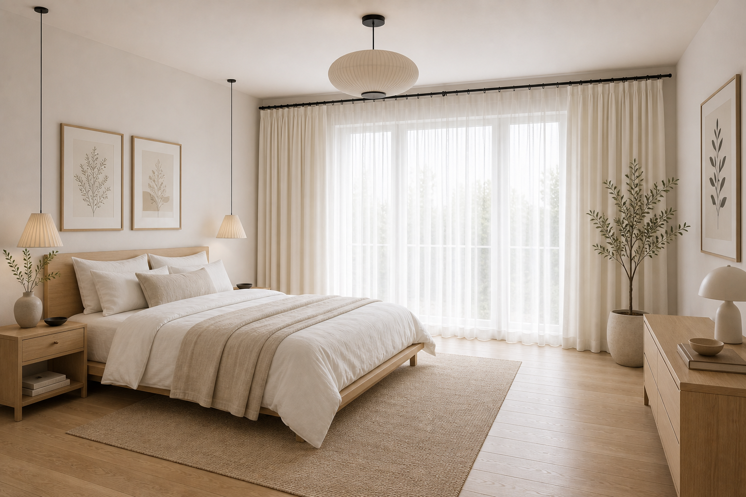 A serene Scandinavian bedroom with layered linen and sheer panels, a statement pendant light, and framed art — the quiet elegance of linen at its best