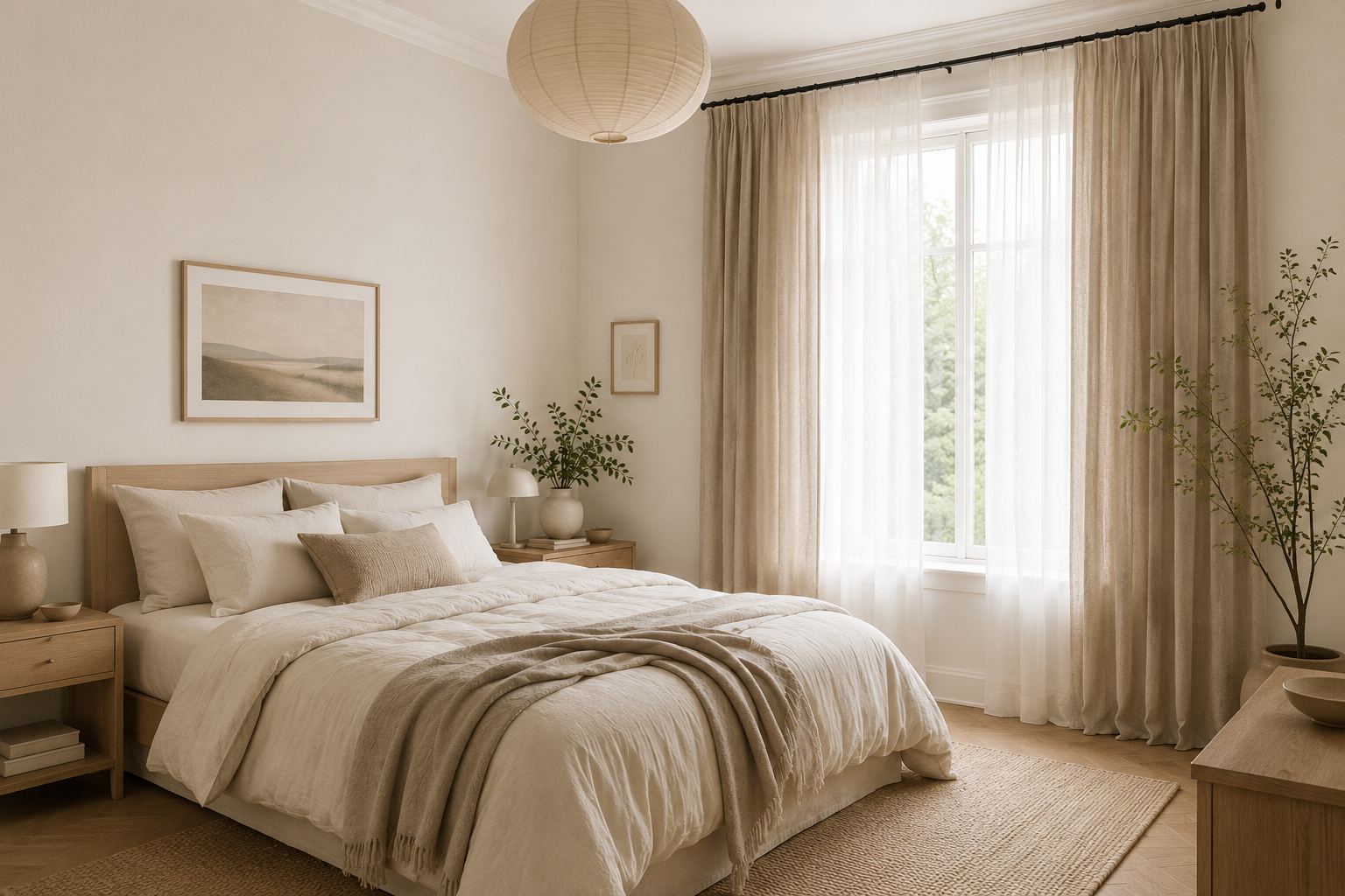 A bright Scandinavian bedroom with floor-to-ceiling sheer linen curtains, light oak furniture, and soft neutral tones — the airy warmth of linen in a modern space