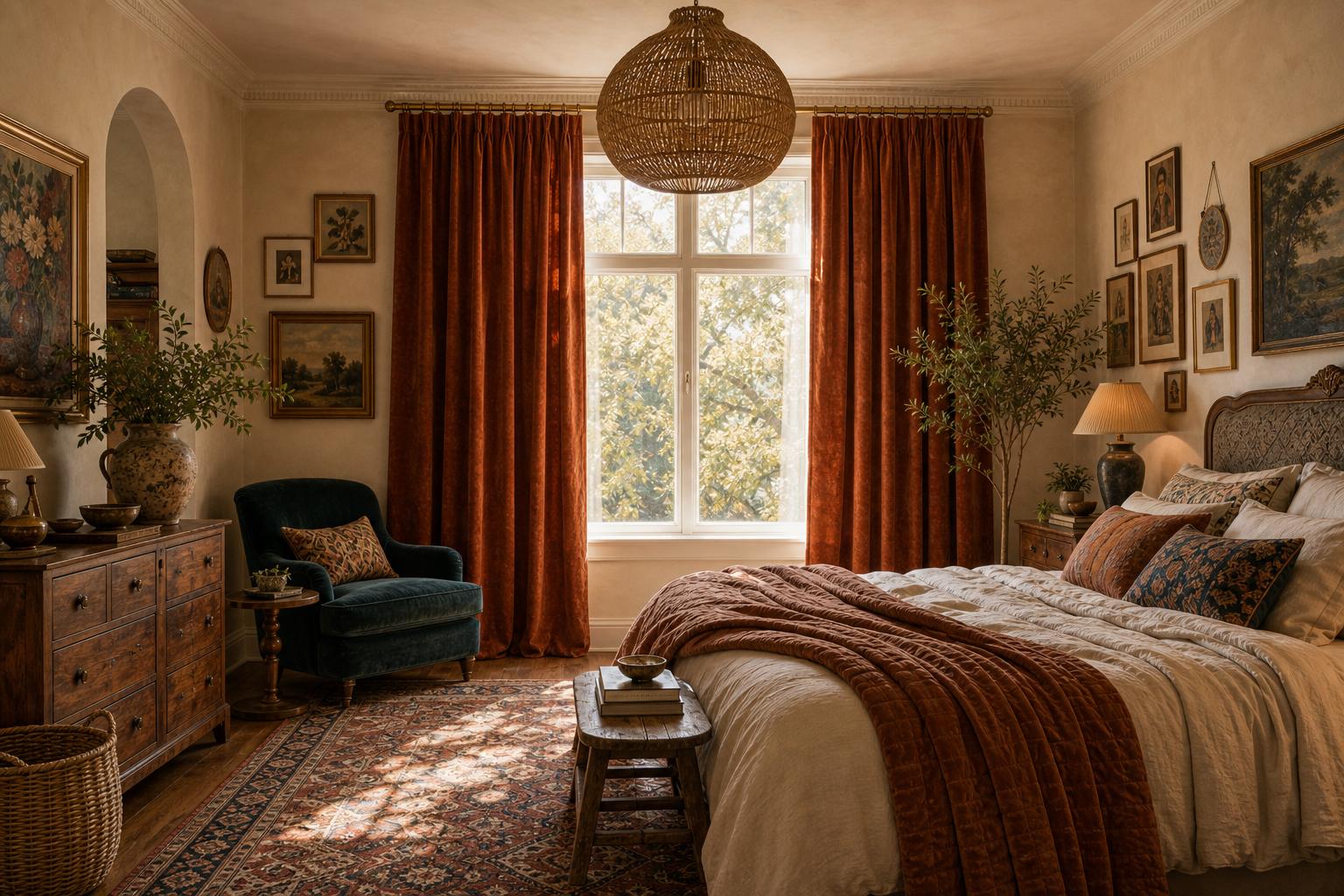 A boho bedroom with floor-to-ceiling rust velvet curtains, a rattan pendant light, and eclectic wall art — velvet in a warm, personal register