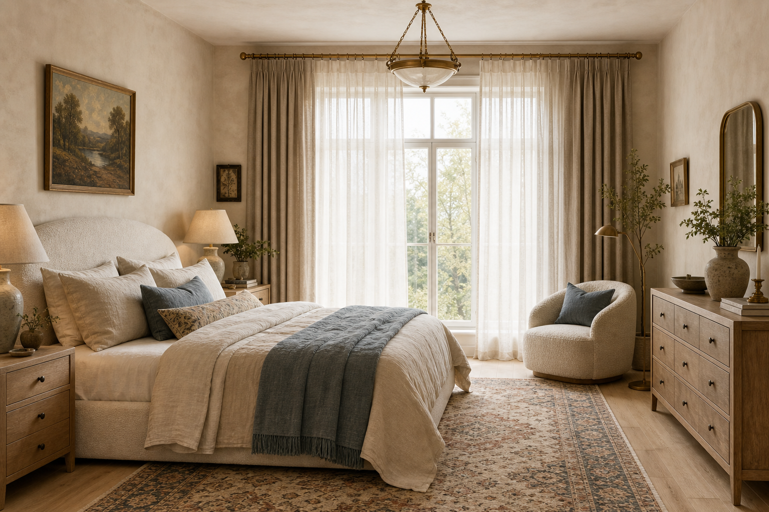 An organic modern bedroom with layered sheer linen panels, antique brass hardware, and curved natural furniture — the look of soft blackout lining done with warmth and ease
