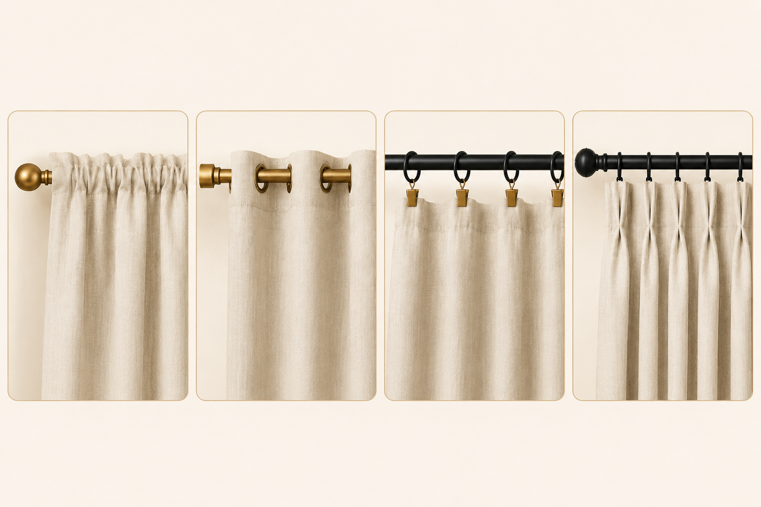 The four main curtain heading styles side by side — rod pocket, eyelet/grommet, clip rings, and pinch pleat — showing how each attaches to the rod and the look it creates