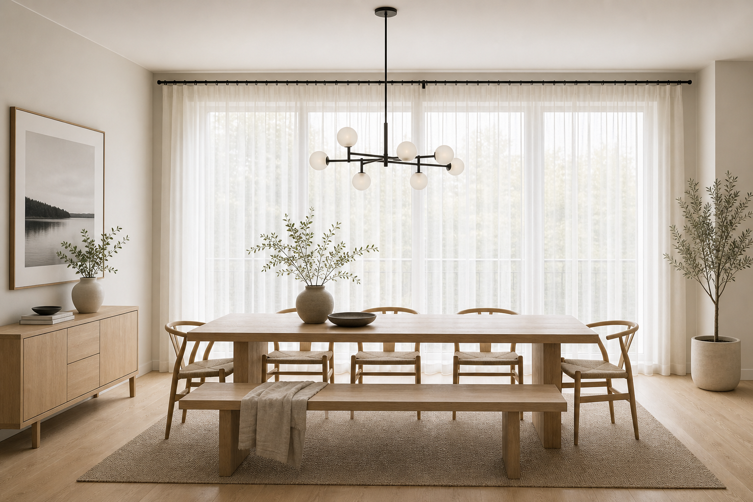 A Scandinavian dining room with sheer voile panels diffusing light, a minimal chandelier over the table, and large art on the wall — ceiling-hung softness at its most refined