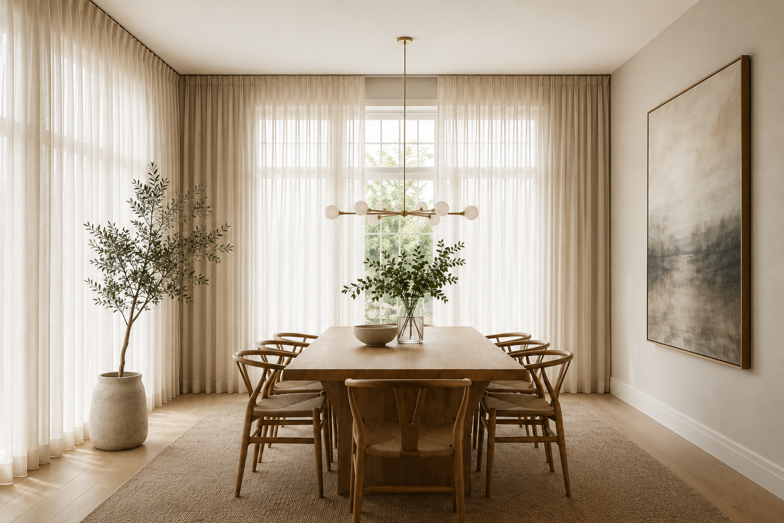 A modern Scandinavian dining room with floor-to-ceiling white sheer curtains, a brass chandelier, and an olive tree — the dramatic sweep of ceiling-to-floor panels in a minimal space