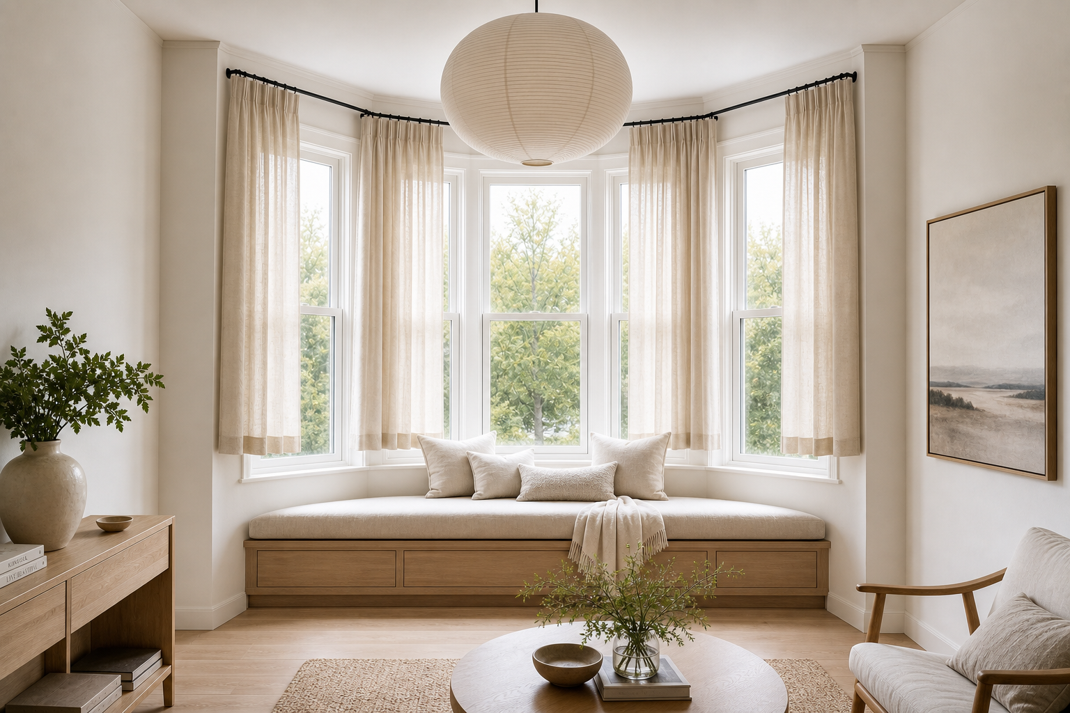 A Scandinavian bay window seat fully dressed with floor-to-ceiling panels on each facet, pendant lighting above, and art on the wall — the bay window at its most architectural