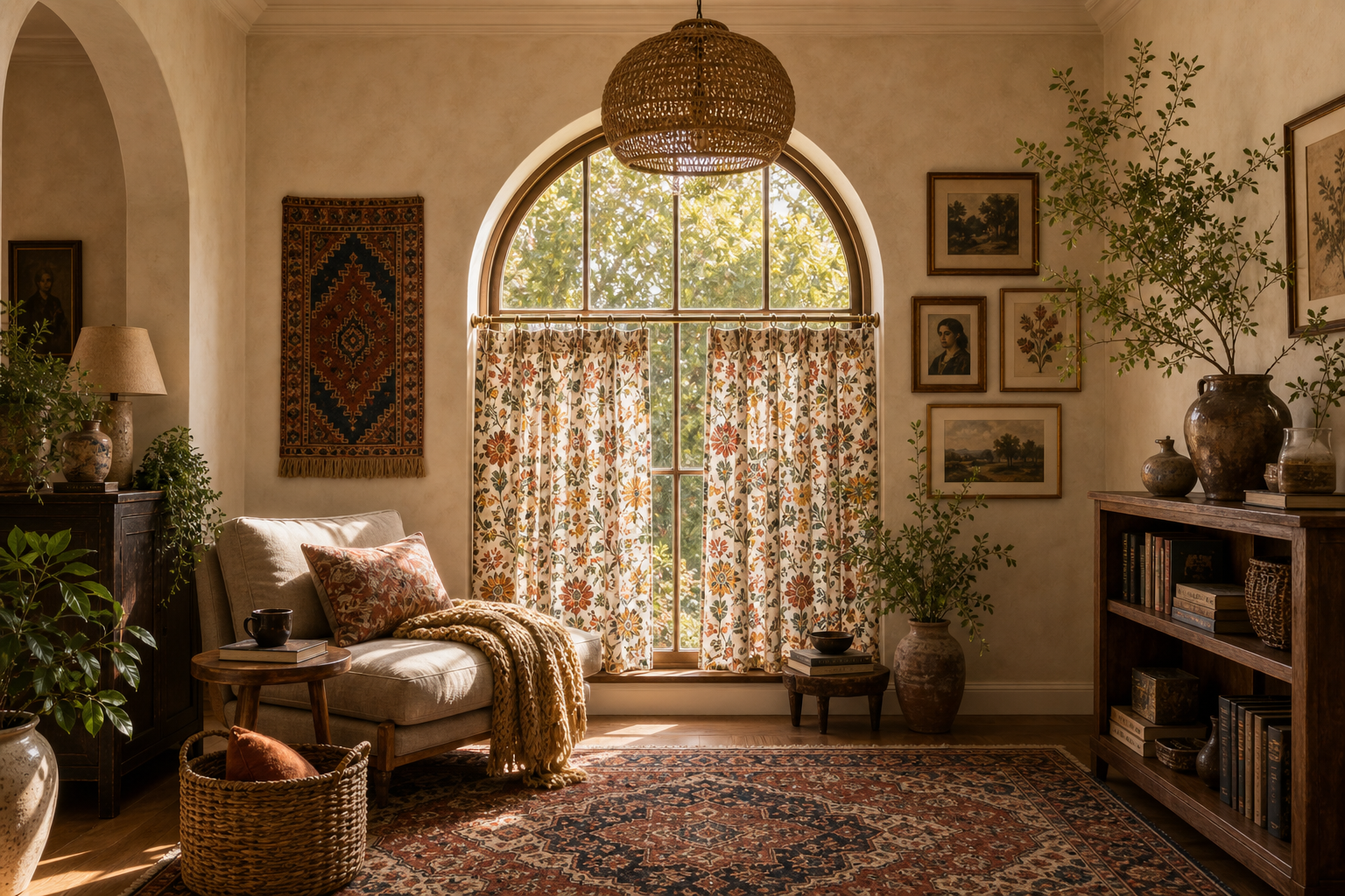 An eclectic arched window nook with patterned cafe curtains, a wicker pendant light, and wall art — the proof that smaller windows deserve just as much attention