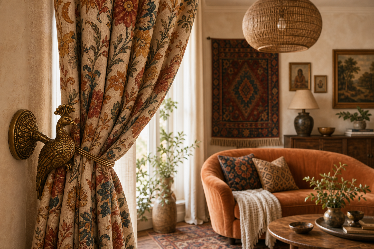 An eclectic tieback holding back a floral panel in a fully styled room with pendant lighting and gallery wall art — the tieback as a design element in its own right