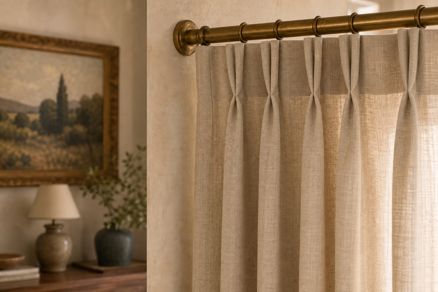 Antique brass curtain hardware detail in an organic modern room with washed linen panels and patina finishes — natural material harmony at its finest