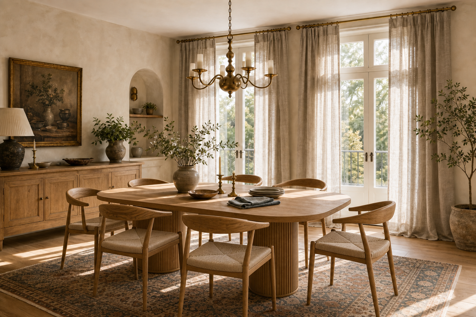 An organic modern dining room with tailored floor-to-ceiling linen curtains, antique brass accents, and warm plaster walls — the floor-length treatment that makes a dining room feel like a destination