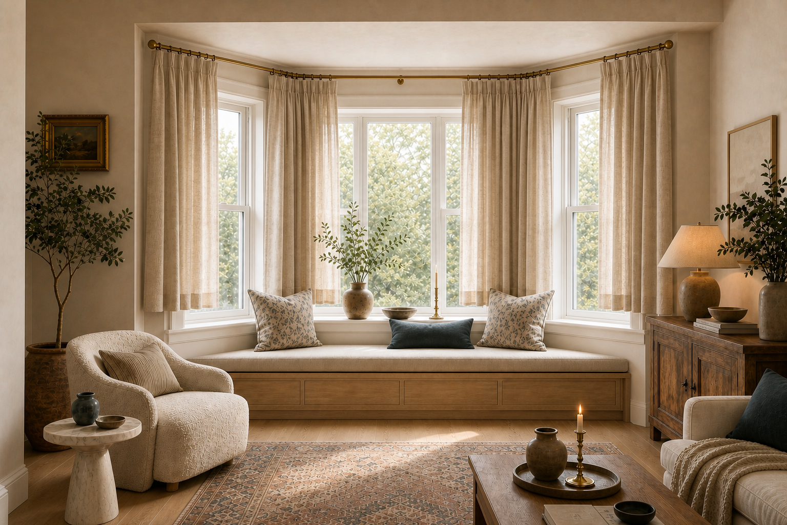 An organic modern bay window seat dressed in floor-to-ceiling washed linen panels with antique brass hardware — the bay window at its most serene and architectural