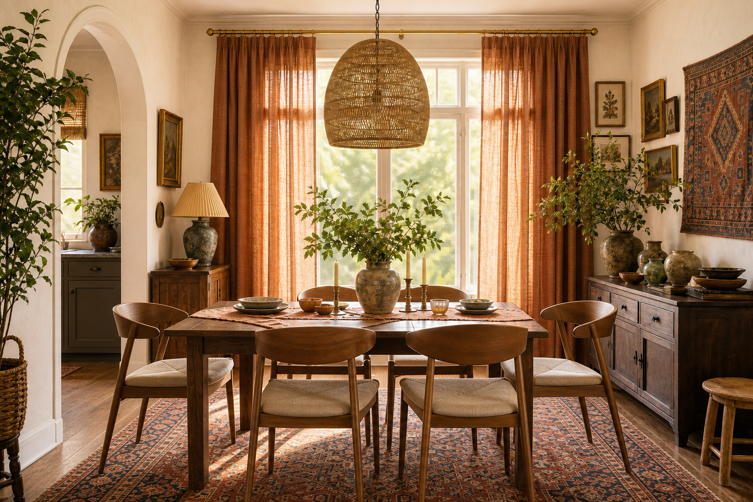 A warm boho dining area with linen curtains, a rattan chandelier, and woven wall art — the eclectic case for a fully dressed dining room window