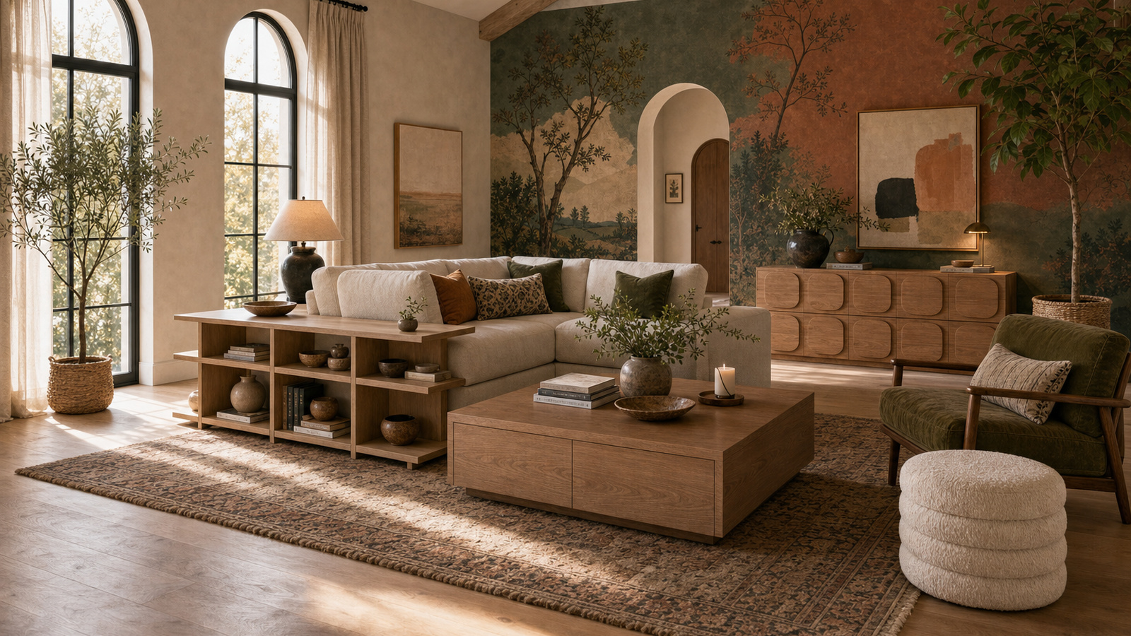 A styled living room featuring the Wallace modular corner console with curated shelving — books, plants, and woven baskets at varied heights