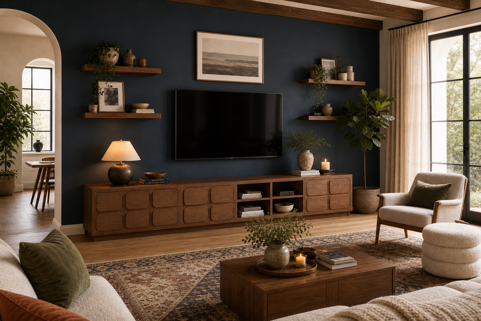 The Lejoma wooden square TV stand styled as a media wall with components and decorative objects in a well-lit living room