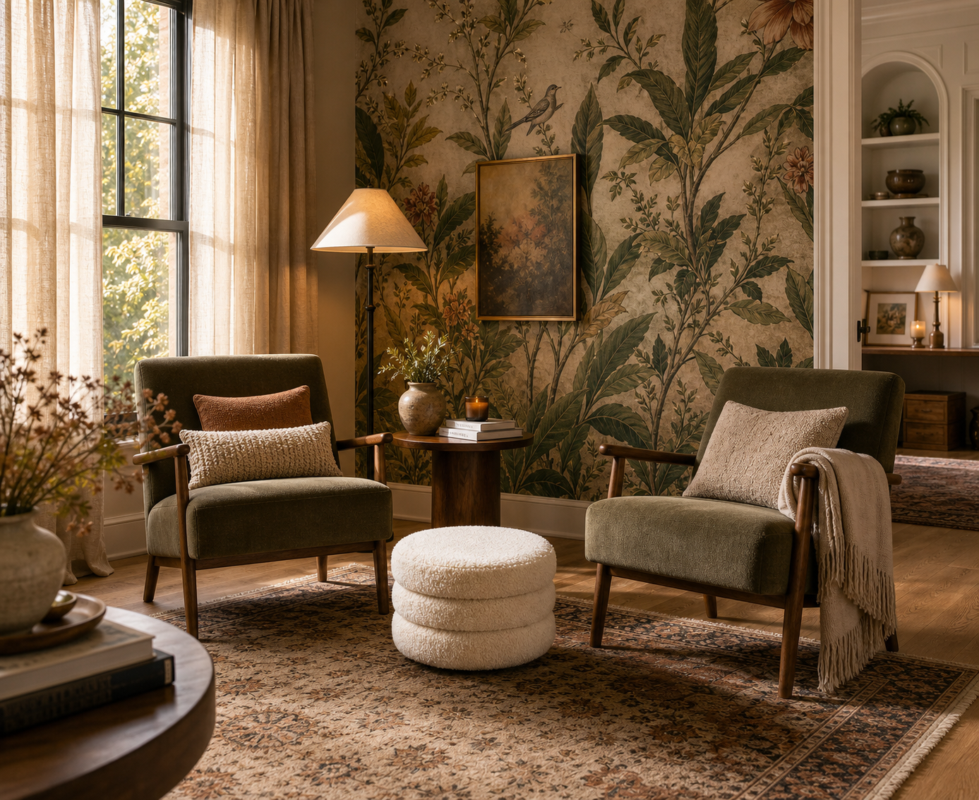 A styled reading nook with a woven storage ottoman centered on a natural rug — a decorative storage moment that feels designed, not functional