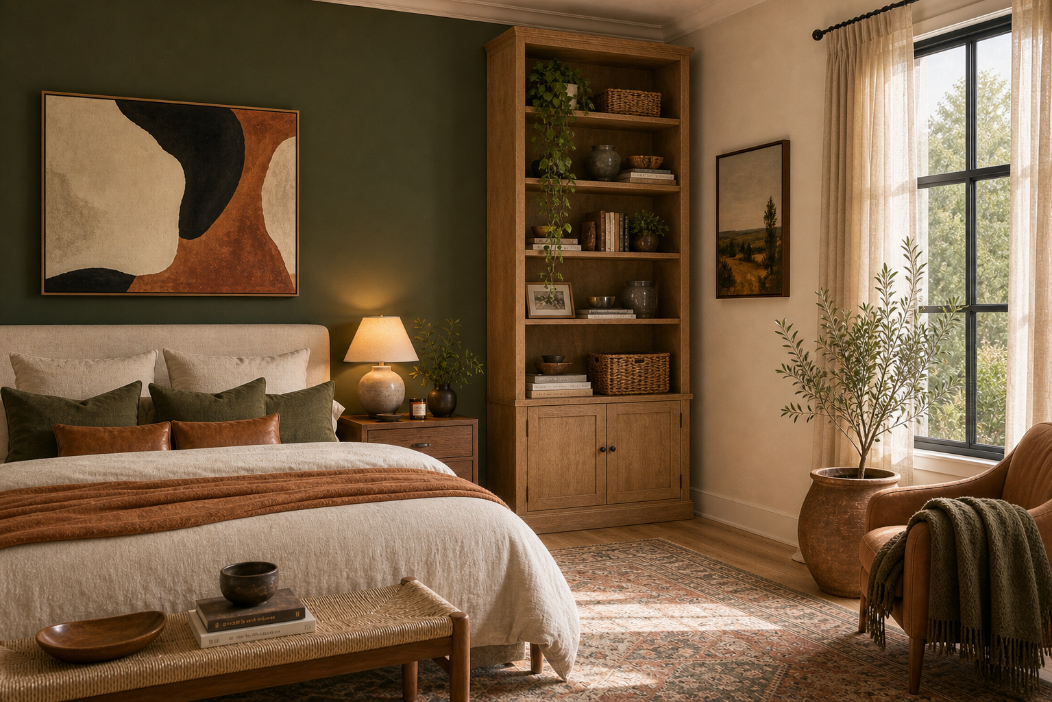 A bedroom with the Latitude Run 91-inch tall bookcase shelf styled as a floor-to-ceiling library wall with books, plants, and baskets
