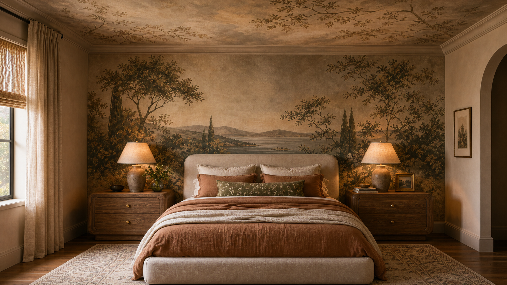 A bedroom styled with the Panos curved acacia nightstand and Anneli storage bench — warm, considered, and storage-forward