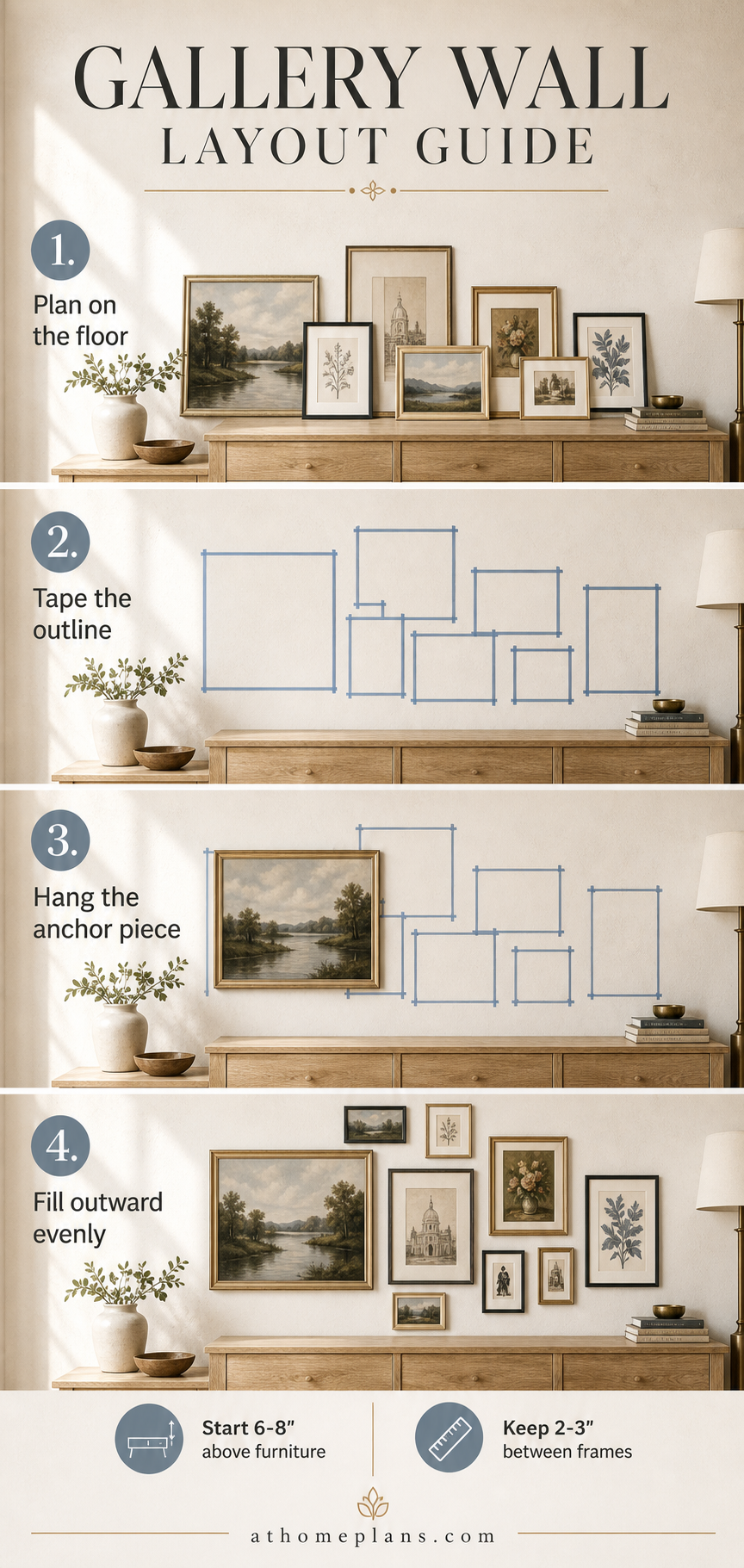 Gallery wall layout guide infographic: plan frames on the floor, tape the outline on the wall, hang the anchor piece first, then fill outward evenly — with rules for spacing 6–8 inches above furniture and 2–3 inches between frames
