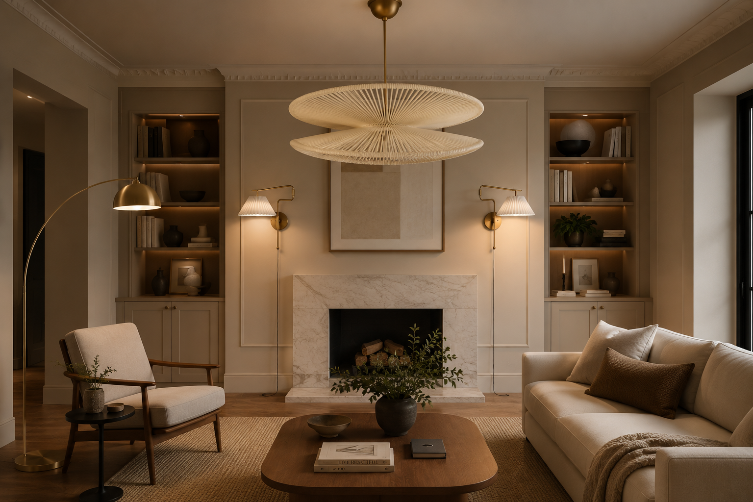 Warm living room with woven rattan semi-flush pendant casting soft ambient glow across the space