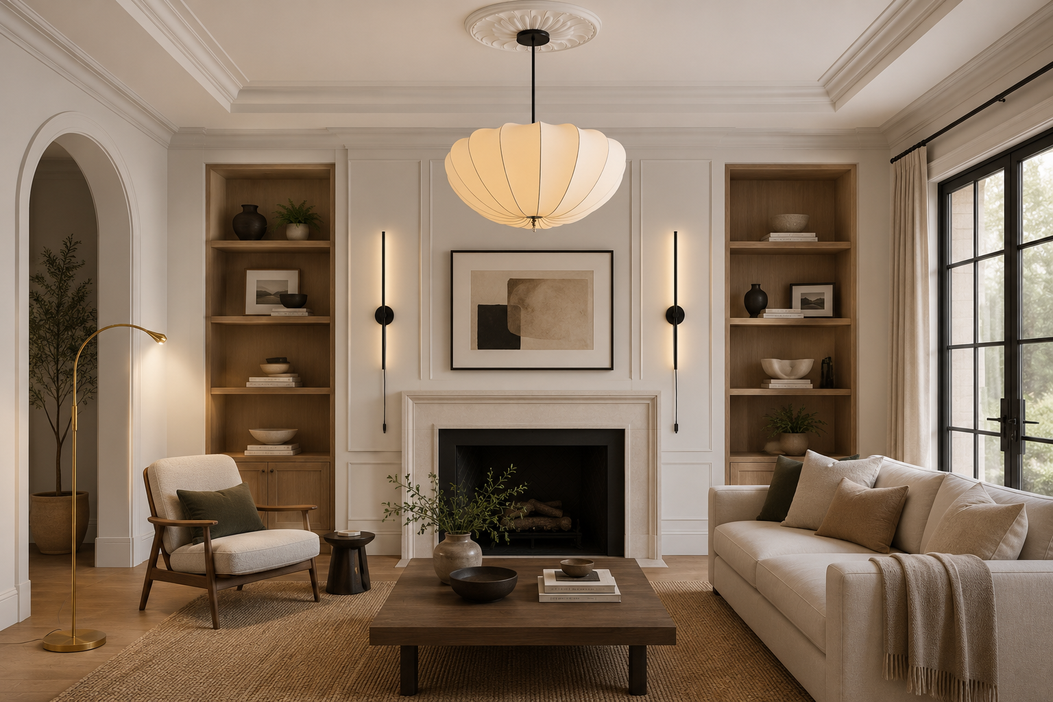 Reading corner with an arc floor lamp positioned over a chair, casting warm directed light onto an open book