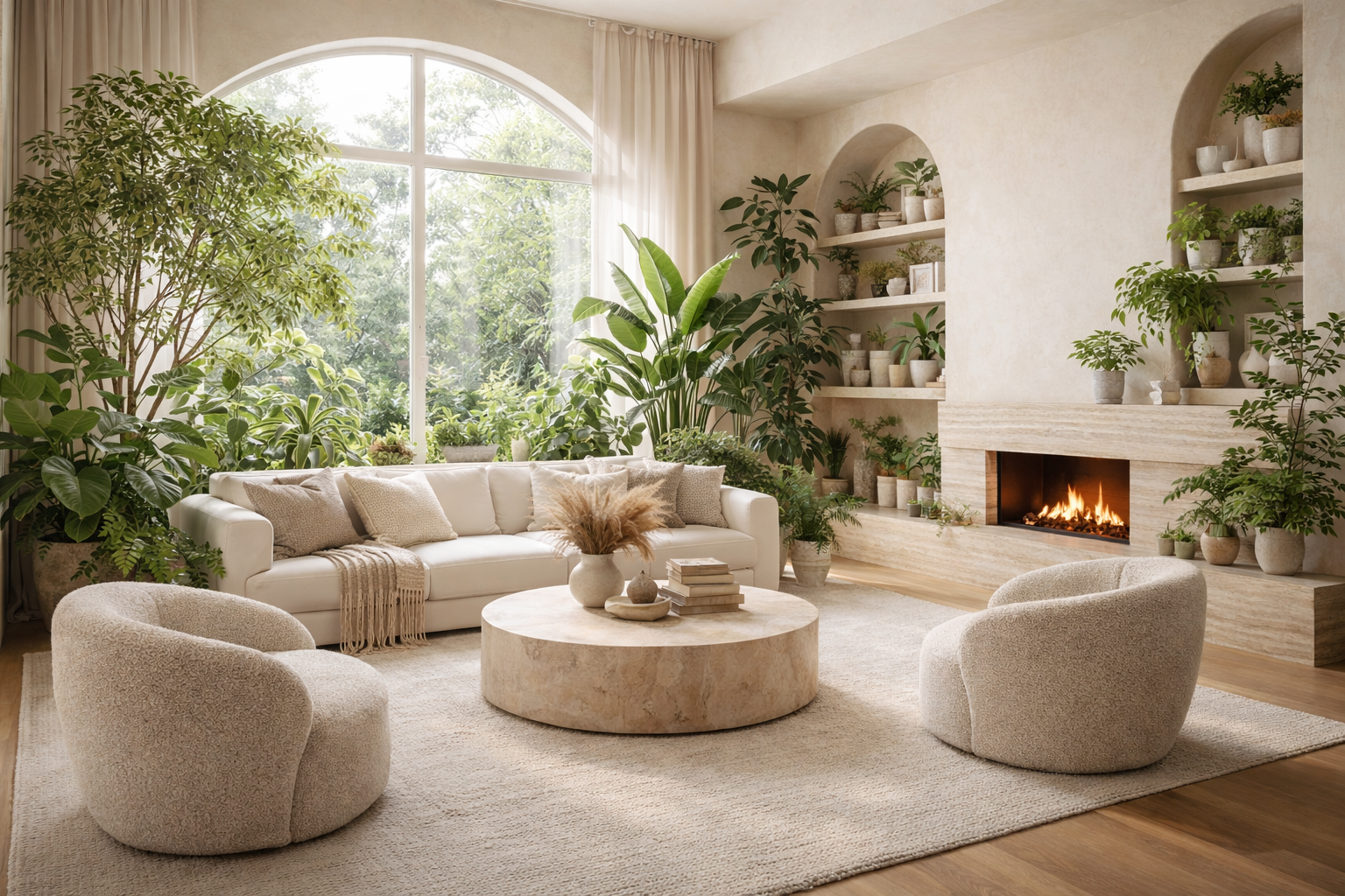 Biophilic living room with arched window flooded with natural light, cream boucle seating, round travertine coffee table, and lush indoor plants on built-in shelves beside a fireplace