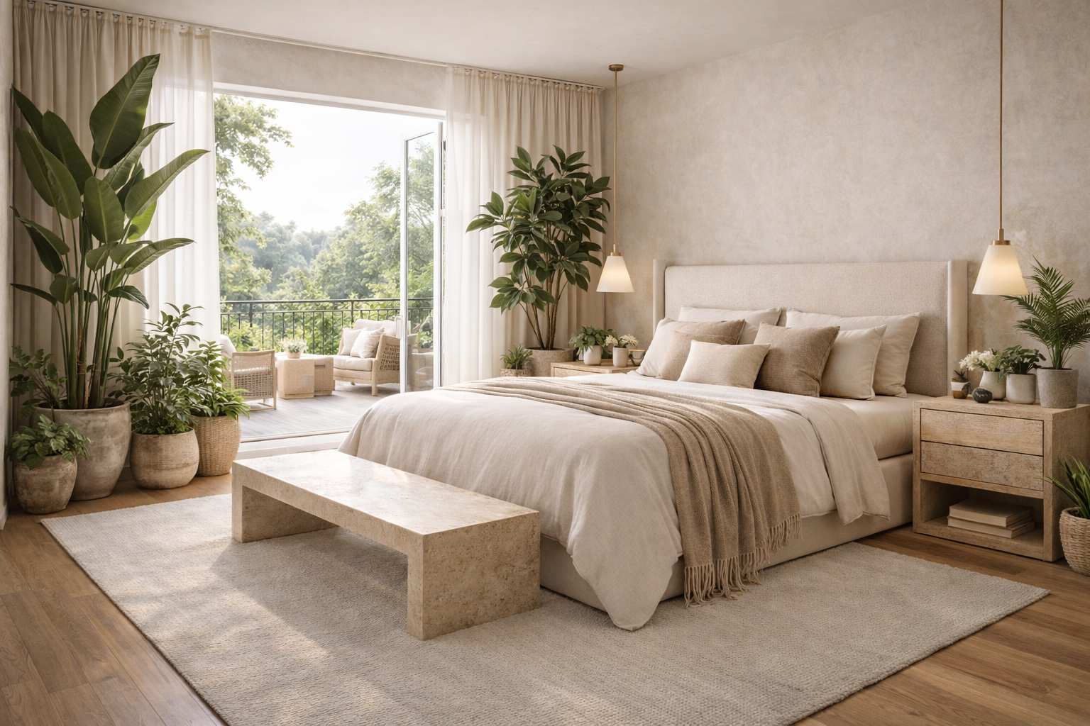 Serene biophilic bedroom with floor-to-ceiling glass doors opening to a lush balcony garden, linen bedding, natural wood nightstands, and large potted tropical plants