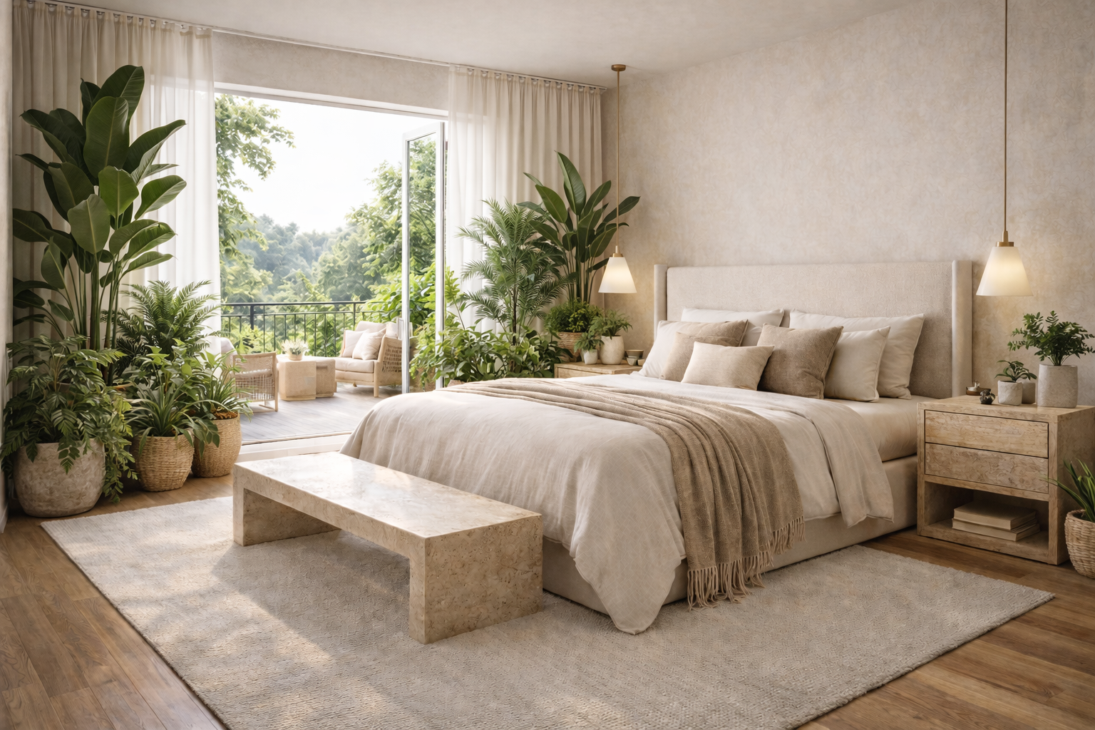 Calm biophilic bedroom retreat with tropical plants framing a garden balcony view, warm linen bedding, wood furniture, and soft pendant lighting