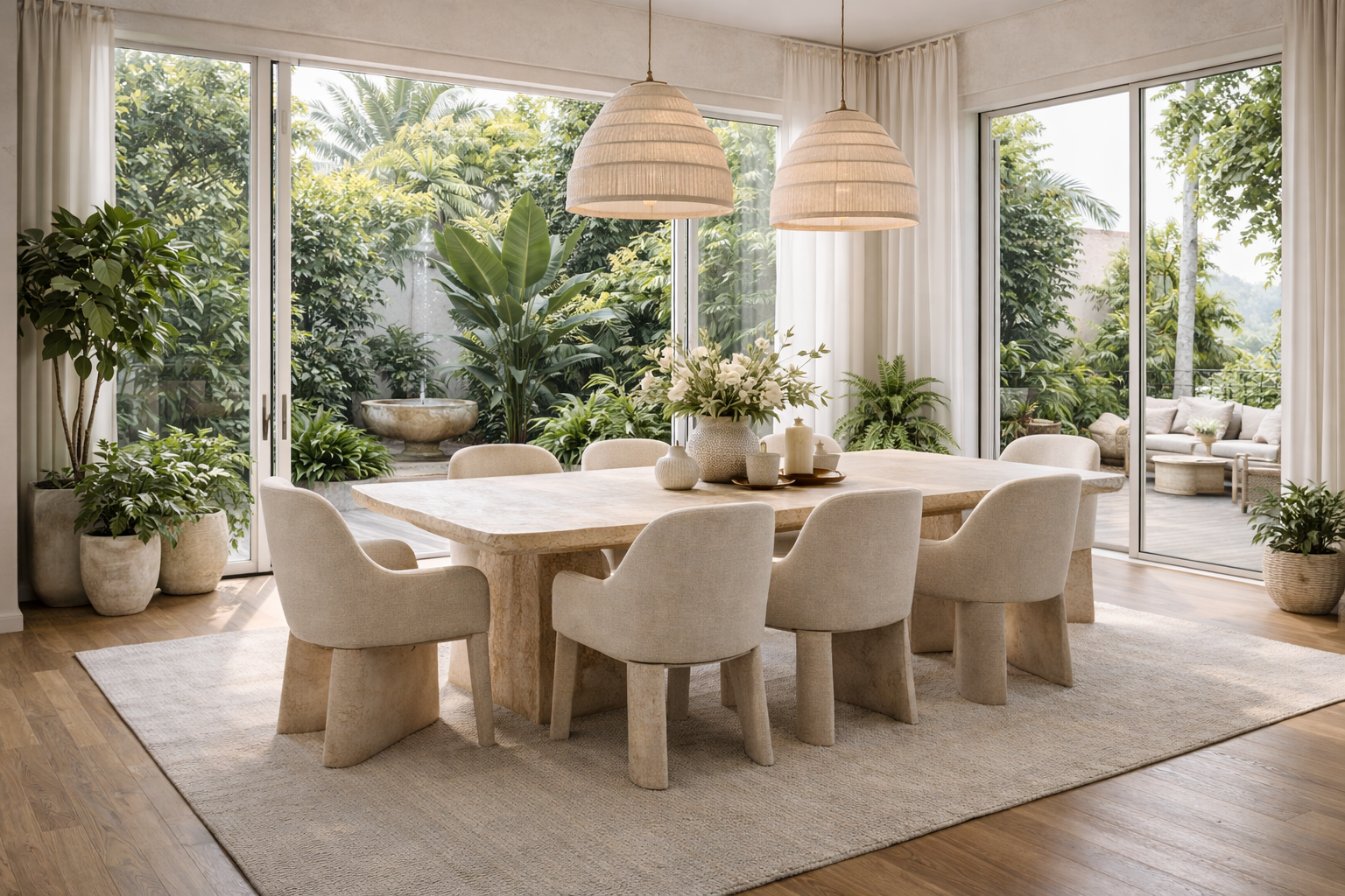 Bright biophilic dining room with large sliding glass doors opening to a lush garden, travertine table with organic-shaped chairs, rattan pendant lights, and potted plants throughout