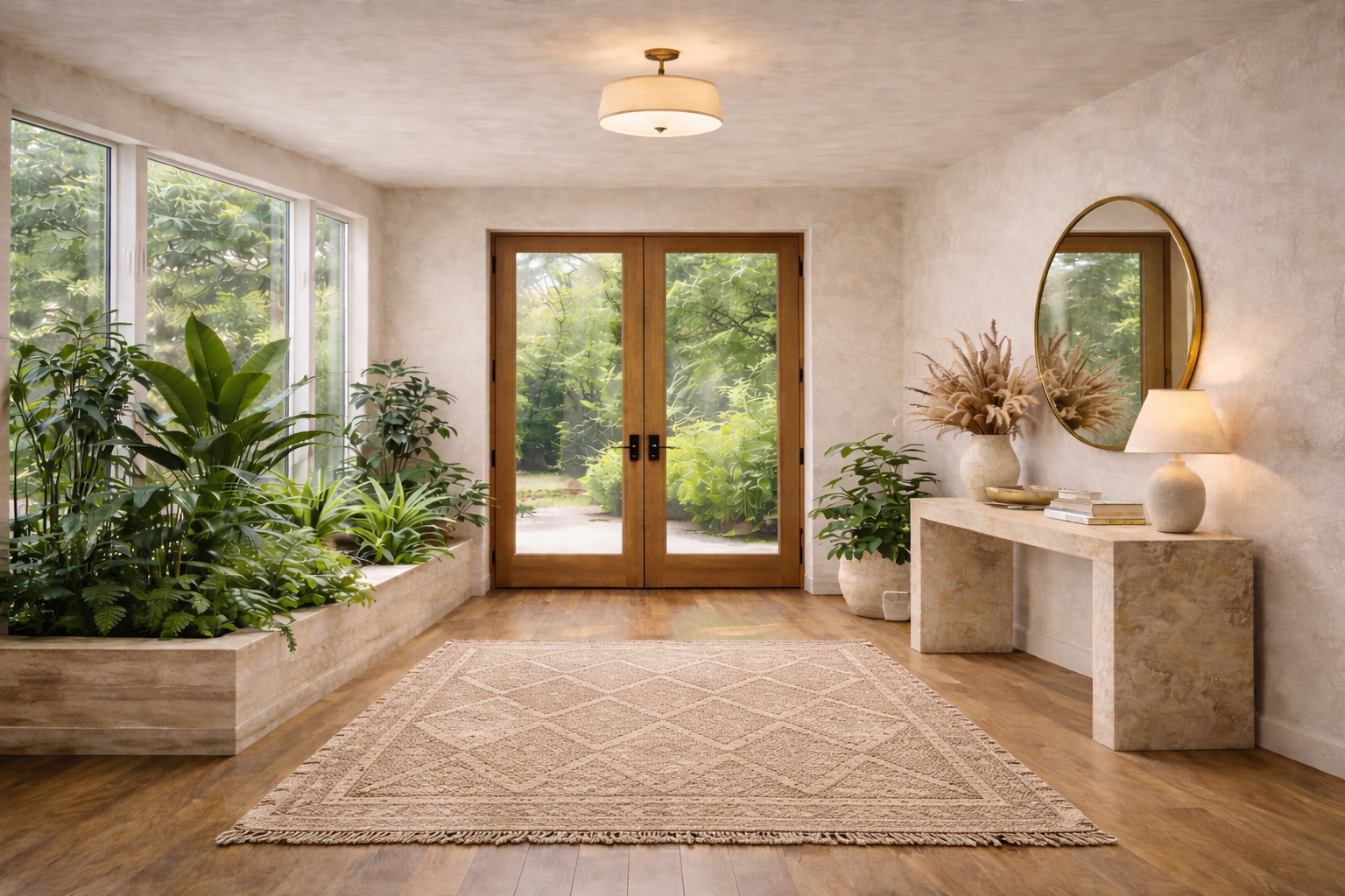 Biophilic interior space showcasing natural materials, organic forms, and a deep connection to the natural world through light, texture, and living elements