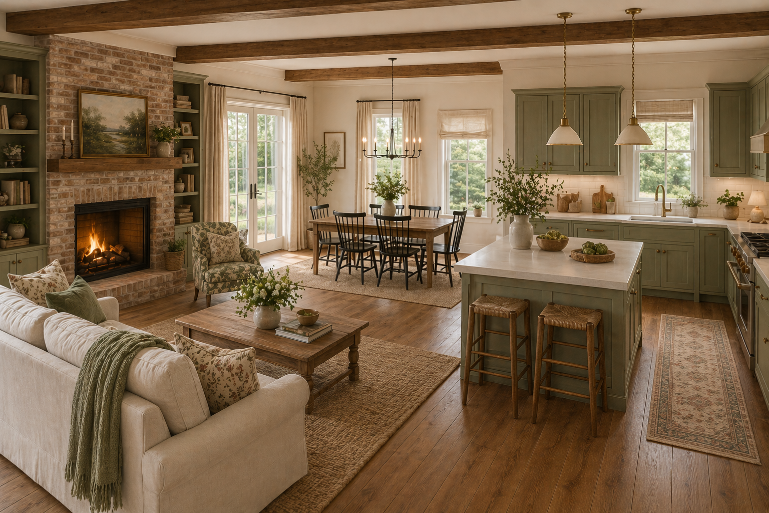 Open-plan living, dining, and kitchen space with sage green cabinetry, brick fireplace, and warm wood tones