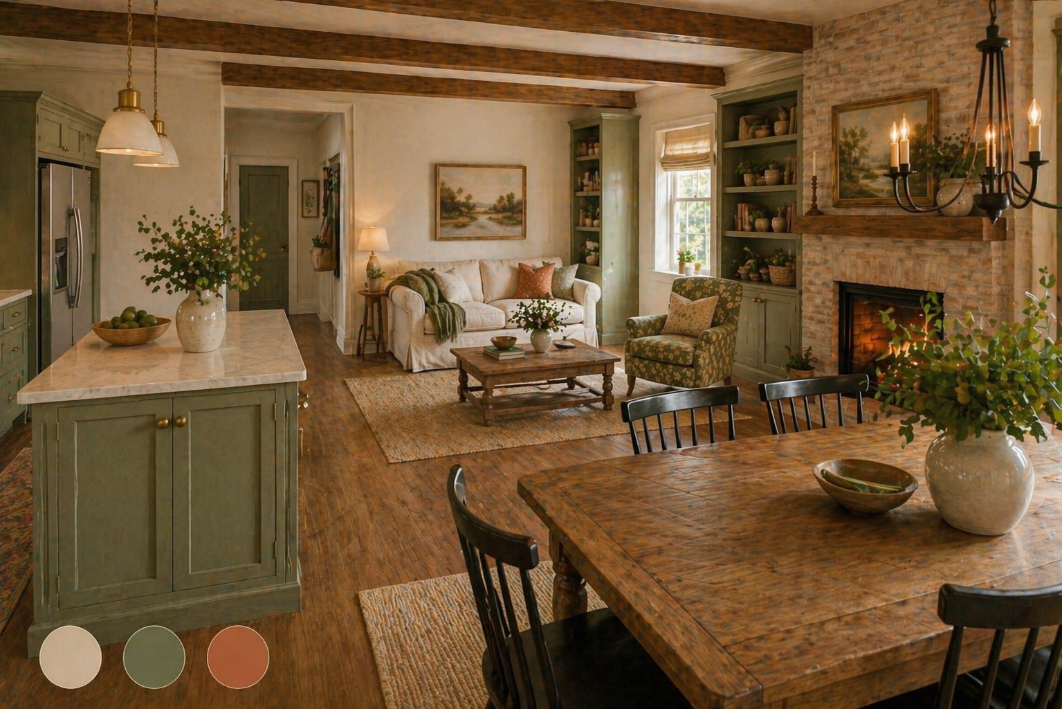 Open-plan living room with color palette swatches showing cream, sage green, and terracotta tones