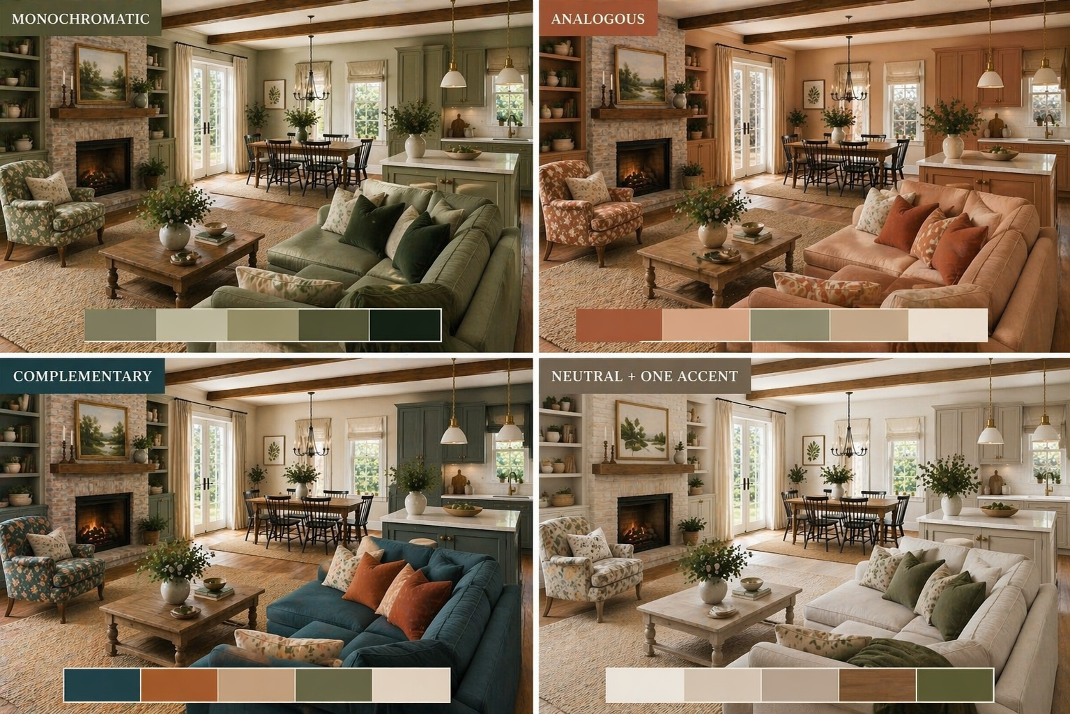 Four-panel comparison showing monochromatic, analogous, complementary, and neutral-plus-accent color schemes in the same living room